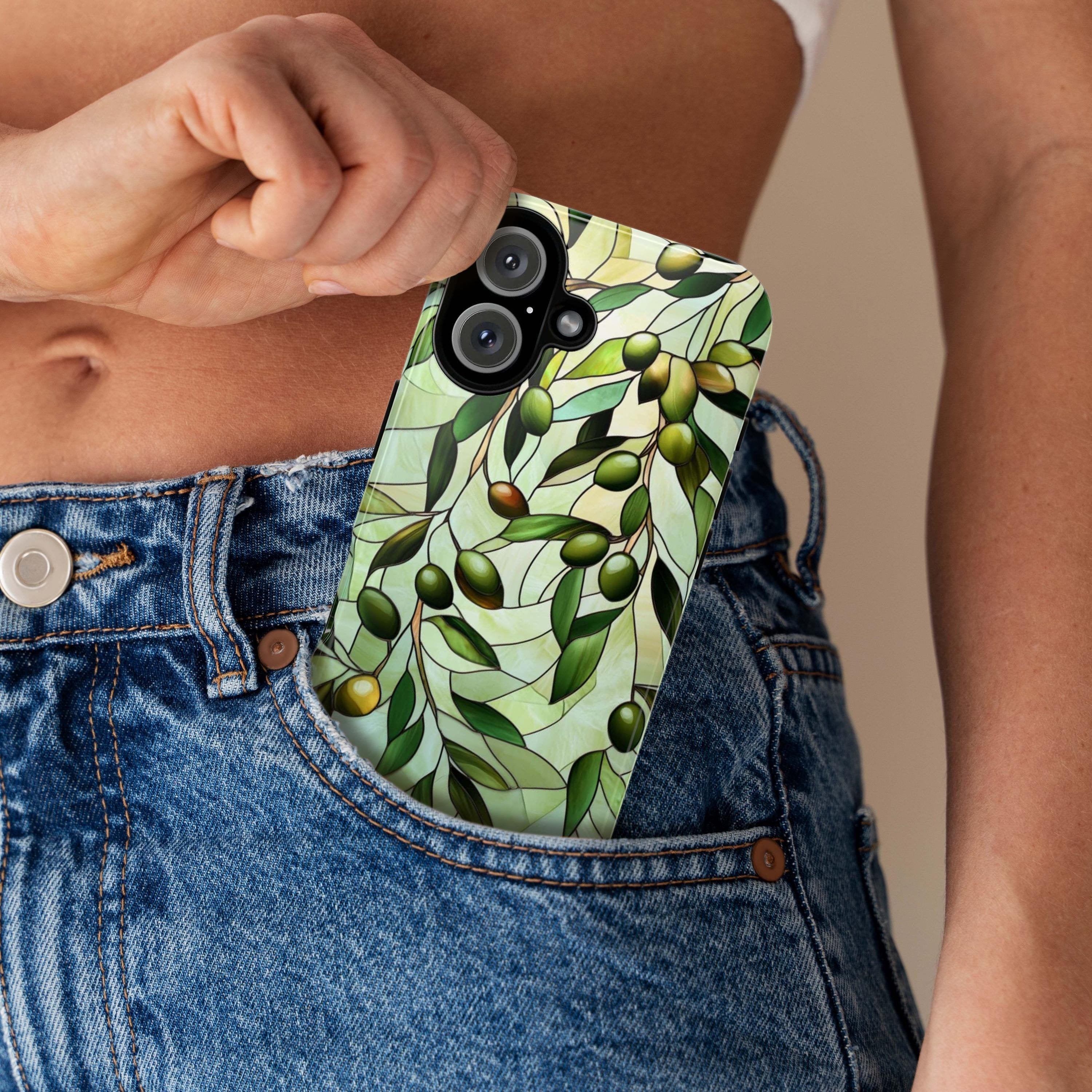 Pastel Olives Stained Glass Phone Case, 3D Green Olive Branch Magsafe for iPhone 16 15 14 13 12 11 Pro Max Plus / Samsung S24 Pixel, 418.7