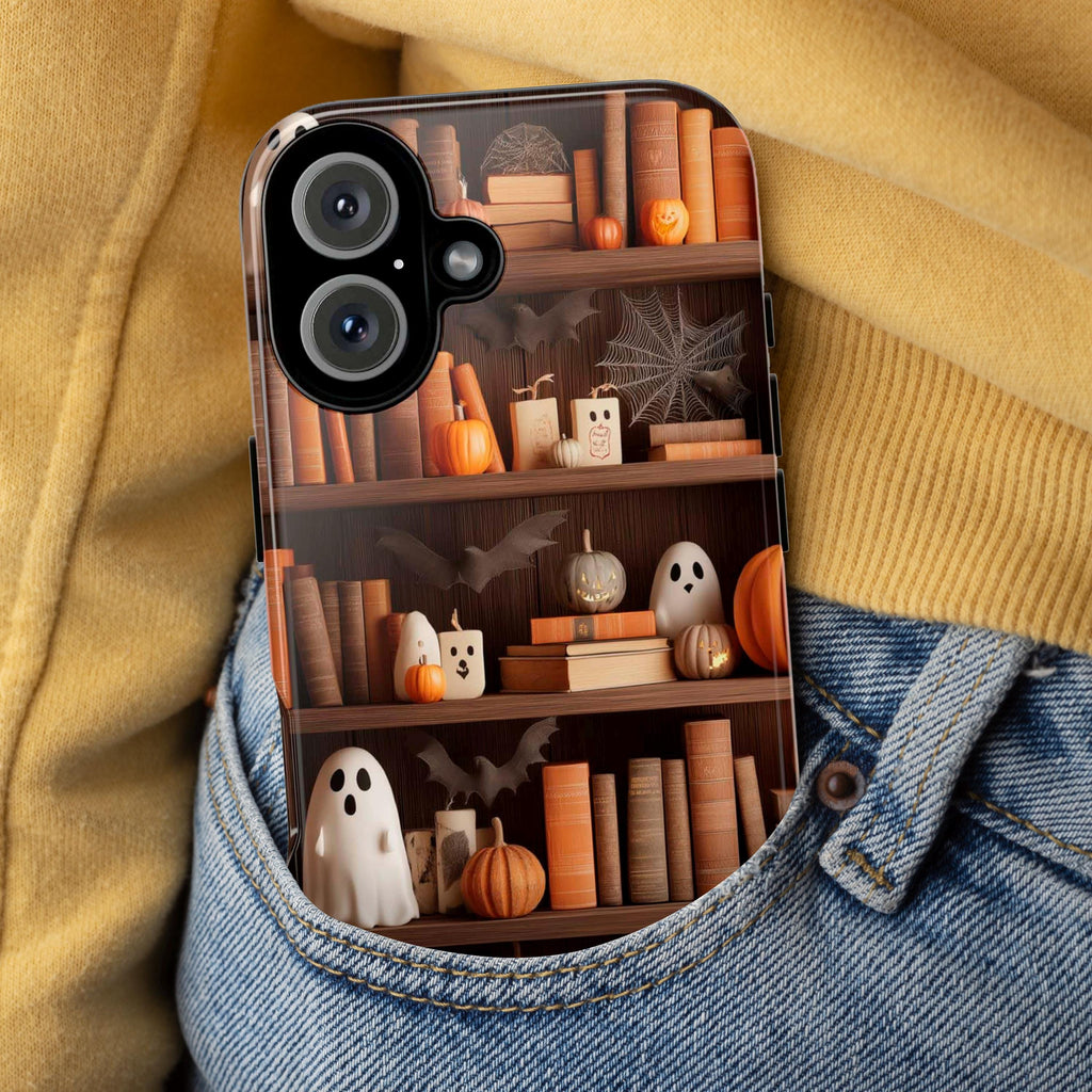 Gothic Library Phone Case, Ghosts & Pumpkins Phone Case, Halloween Lovers for iPhone 16 15 14 13 Tough or Magsafe, Samsung, 475.9