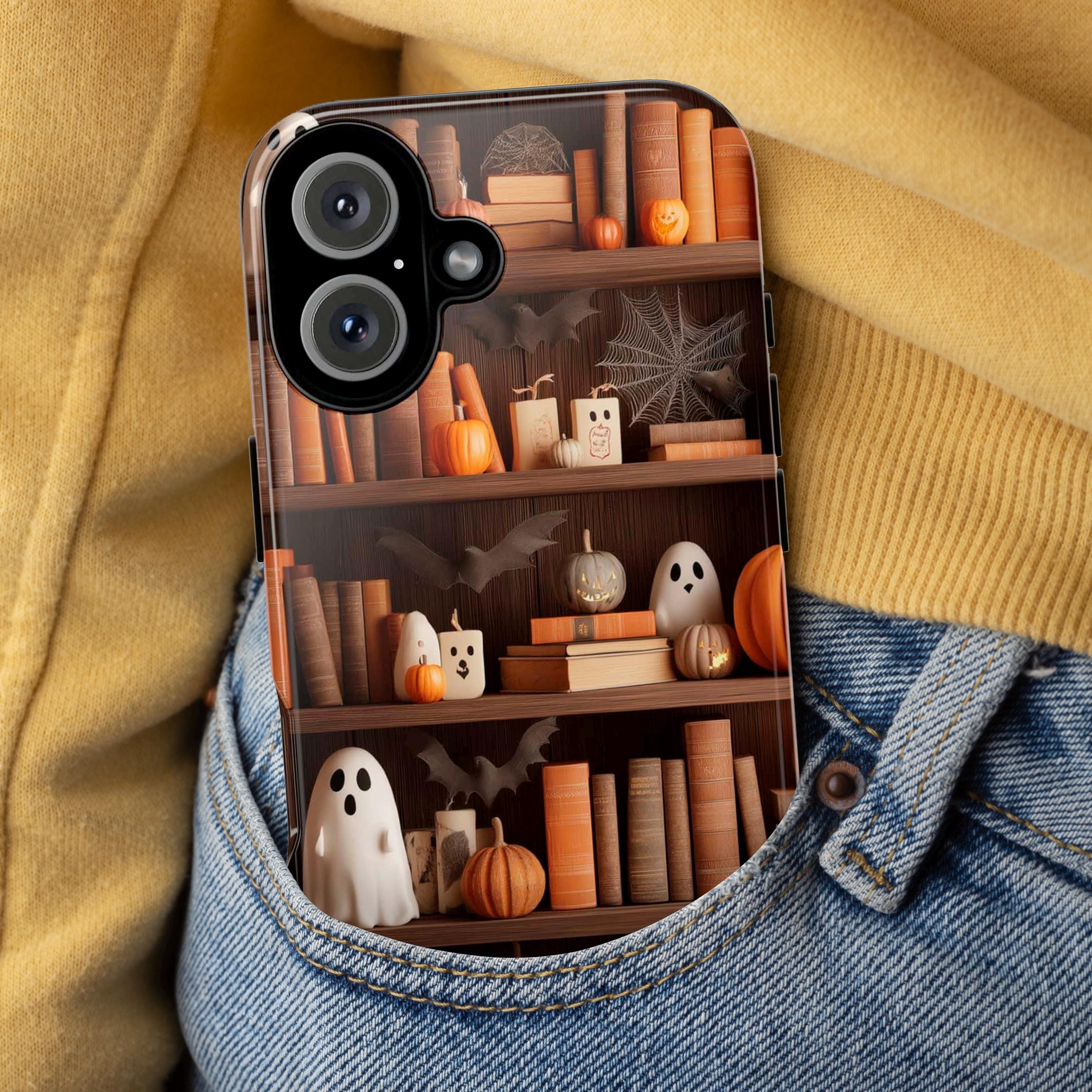 Gothic Library Phone Case, Ghosts & Pumpkins Phone Case, Halloween Lovers for iPhone 16 15 14 13 Tough or Magsafe, Samsung, 475.9