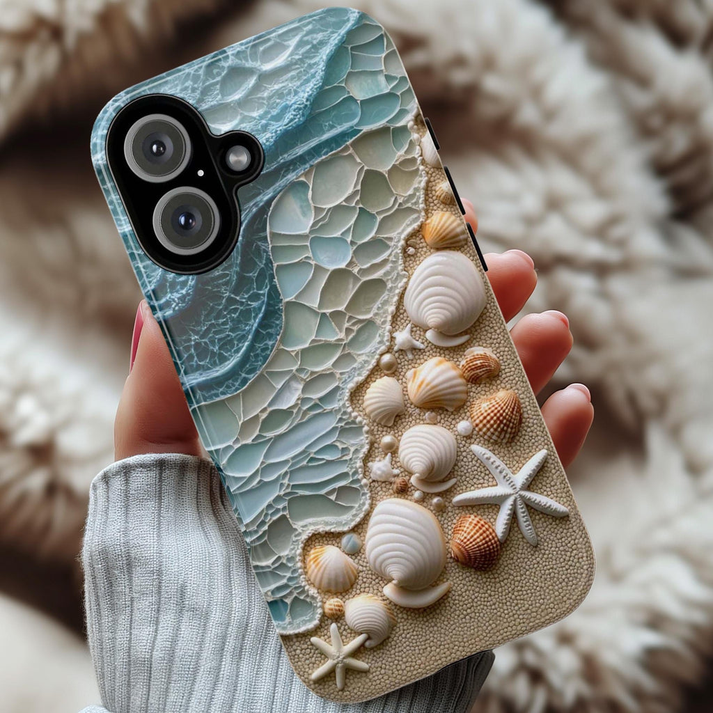 Ocean Seashell Wave Phone Case, Coastal Beach Aesthetic Design for iPhone 16, 15, 14, 13 Magsafe, Samsung Galaxy S25, Pixel 9, 455.10
