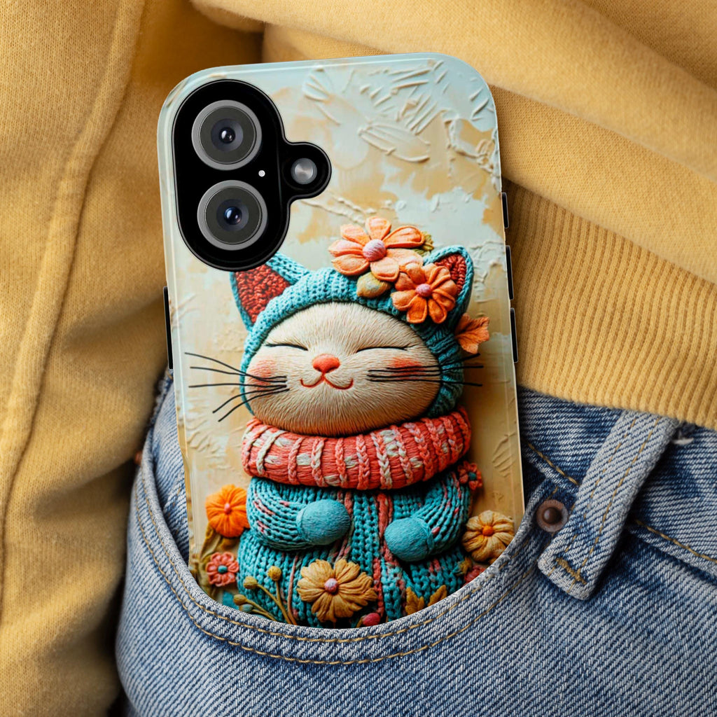 Knitted Colorful Cat & Flowers Phone - 3D effect Phone cover - Cat Lover Case for iPhone 16 15 14 13 Magsafe Plus, Samsung S24, 449.1