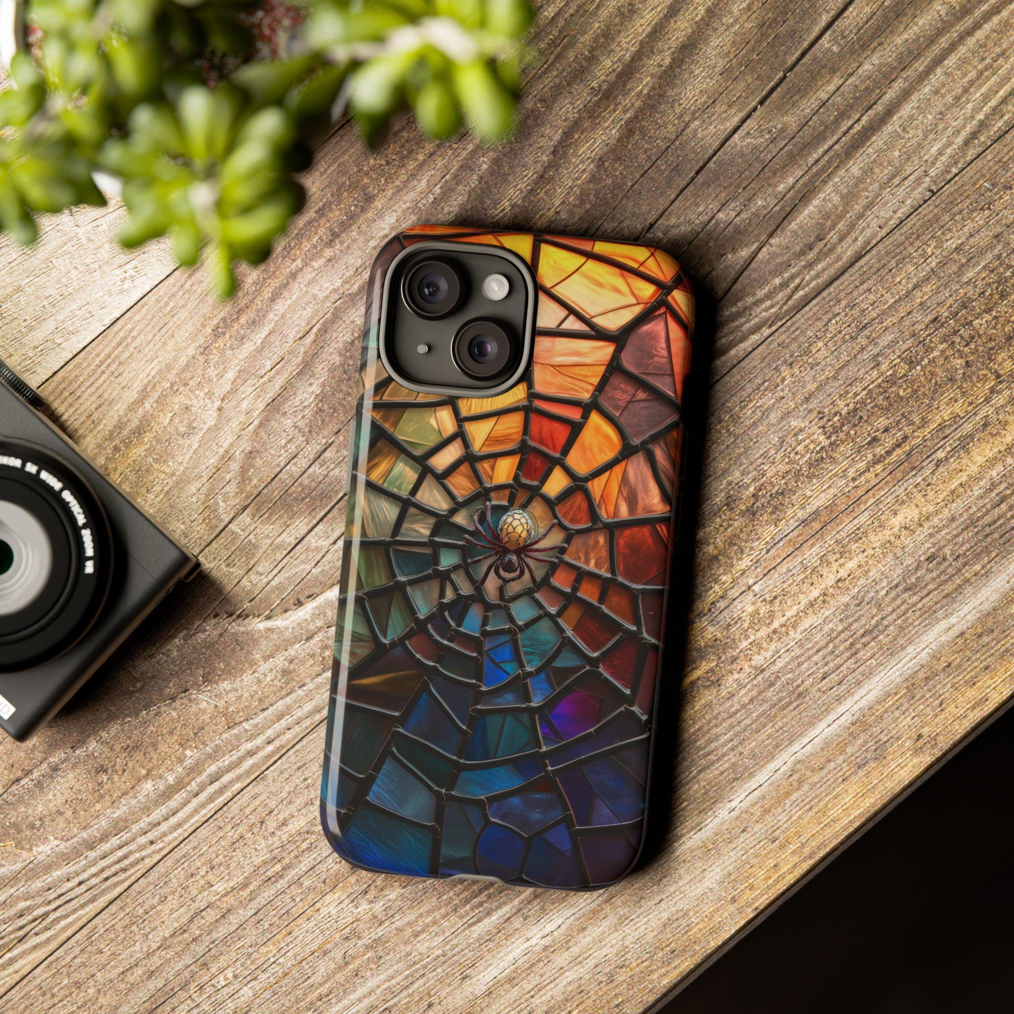 Halloween Phone Case Spiderweb Faux Stained Glass Spooky Cobweb Phone Cover for iPhone 16 15 14 13 12 Pro Max Plus/Samsung Galaxy, Best Gift