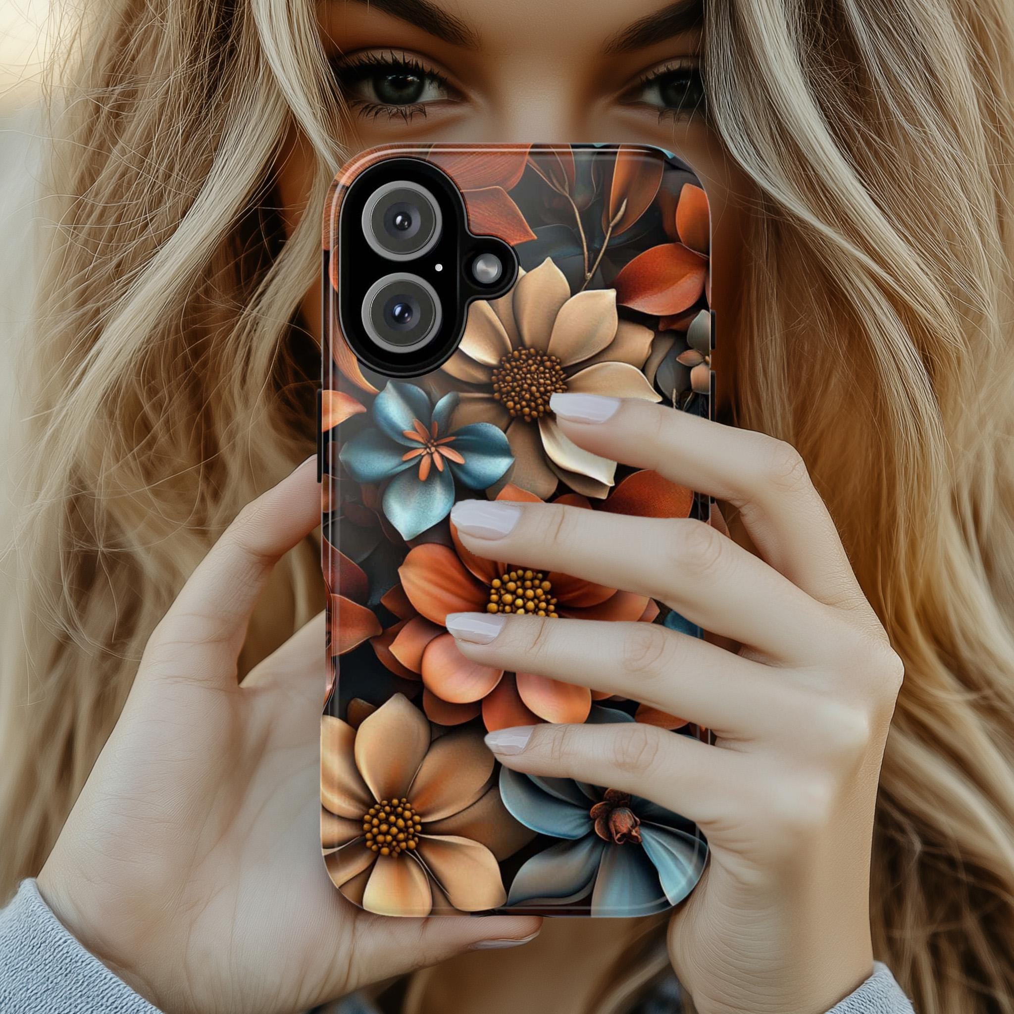 3D Rose Floral Phone Case, Anemone Floral Case, Bronze Beige Flowers Design for iPhone Magsafe 16, 15, 14, 13 & Samsung S24, Pixel 9, 439.33
