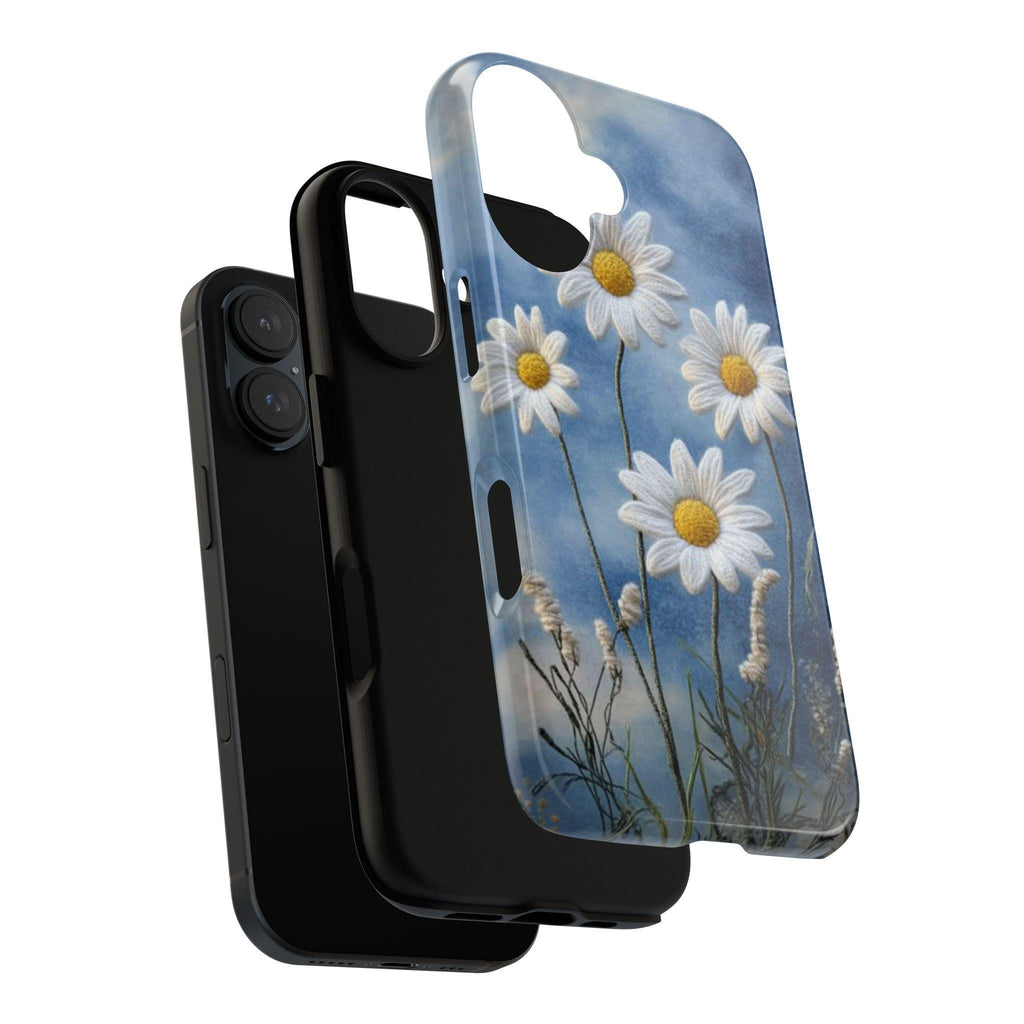 Daisy Botanical Floral Phone Case, 3D Felt Textured White Floral Phone Case for iPhone 16 15 14 13 Tough or Magsafe, Samsung, 476.1