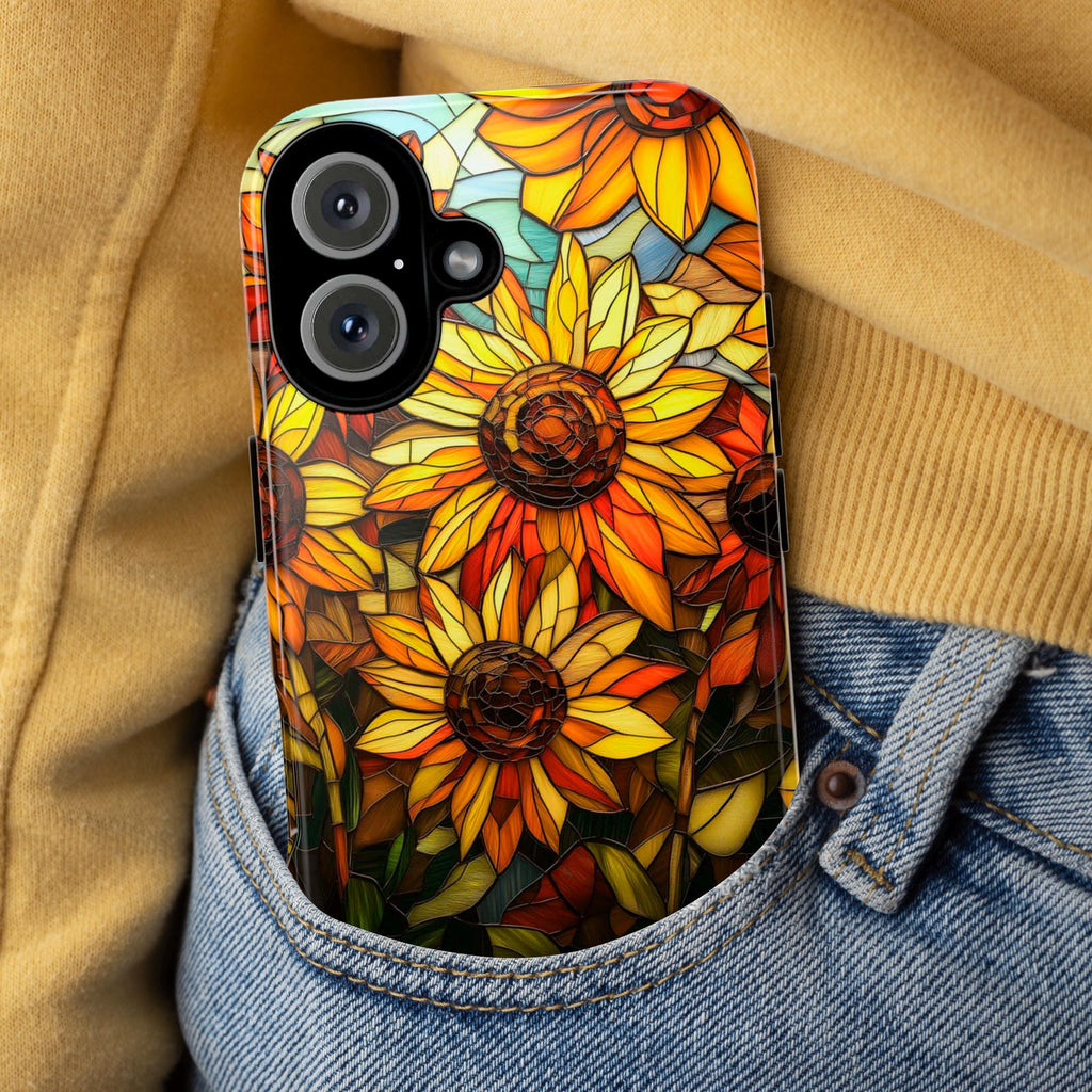 Stained Glass Vibrant Sunflowers Phone Case, Sunflower Field Phone Cover for iPhone 16 15 14 13 Pro Magsafe Samsung Galaxy S24, 418.18
