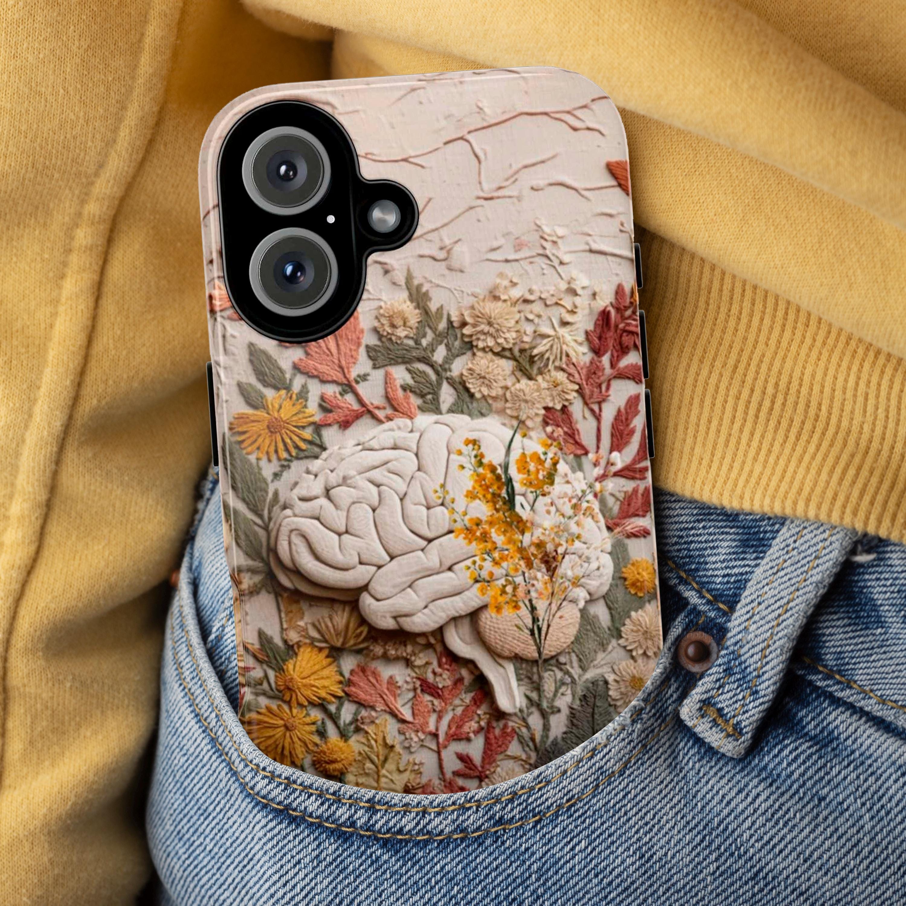 Fantasy Brain Floral Phone Case, Anatomical Brain & Autumn Flowers, Anatomy Art for iPhone 17 16 Tough or Magsafe, Samsung, 430.8
