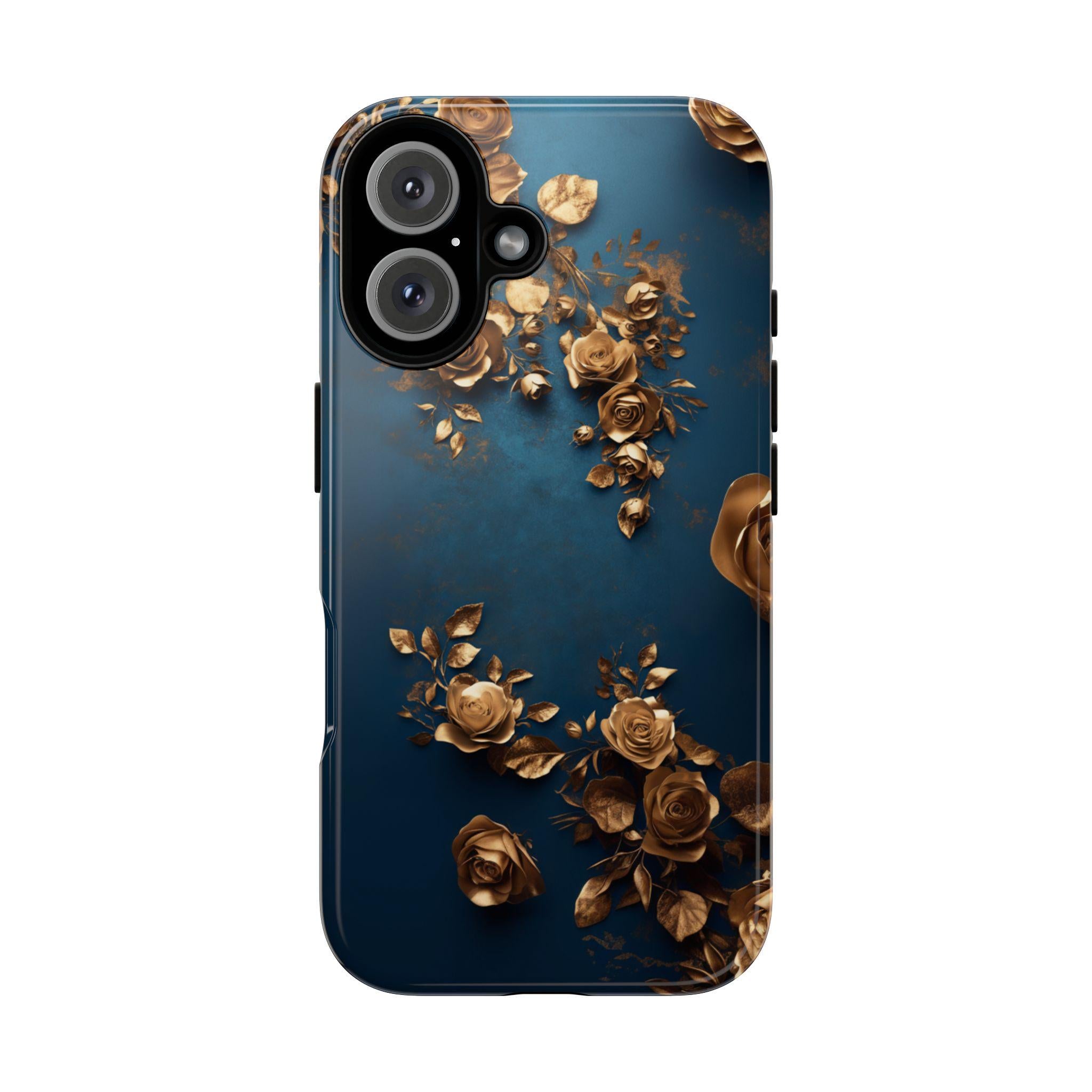 3D Golden Roses Elegant Blue Background Phone Case | Aeasthetic Design for iPhone 16 Pro Max 15 14 13 Mag Safe, Samsung S25 Ultra, 428.8