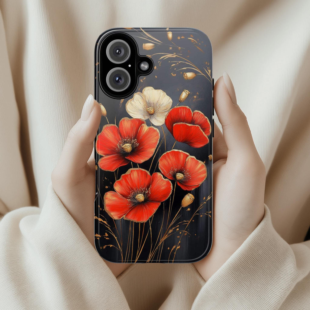 Elegant Poppy Phone Case with Gold, Red, and White Accents, Perfect for Flower Lovers Phone Case for iPhone 16, 15 Magsafe, Samsung, 459.4