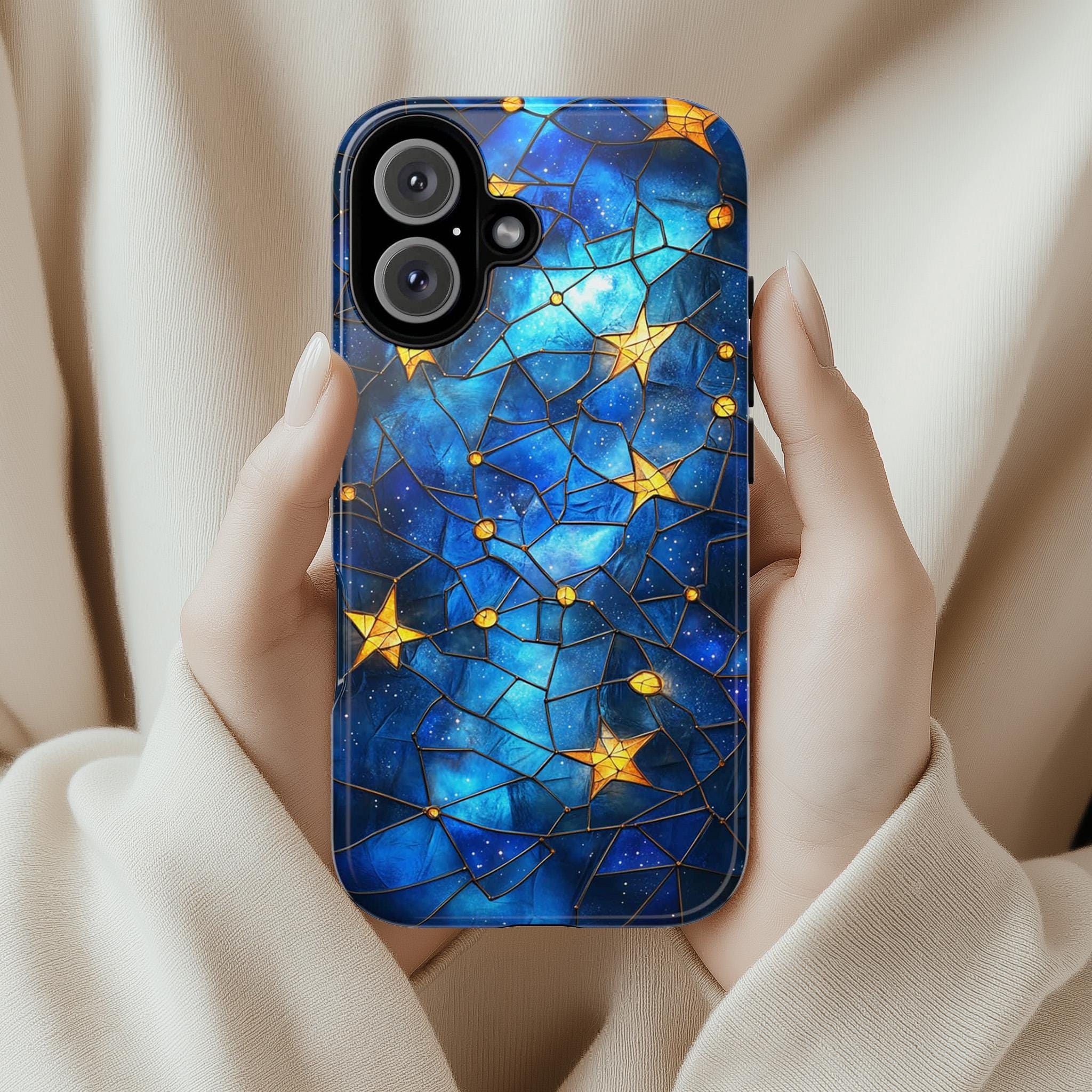 Stained Glass Starry Night Phone Case | Aesthetic Mystic Vibrant Stars Design for iPhone 16 Pro Max 15 14 Plus Mag Safe, Samsung S25, 432.3