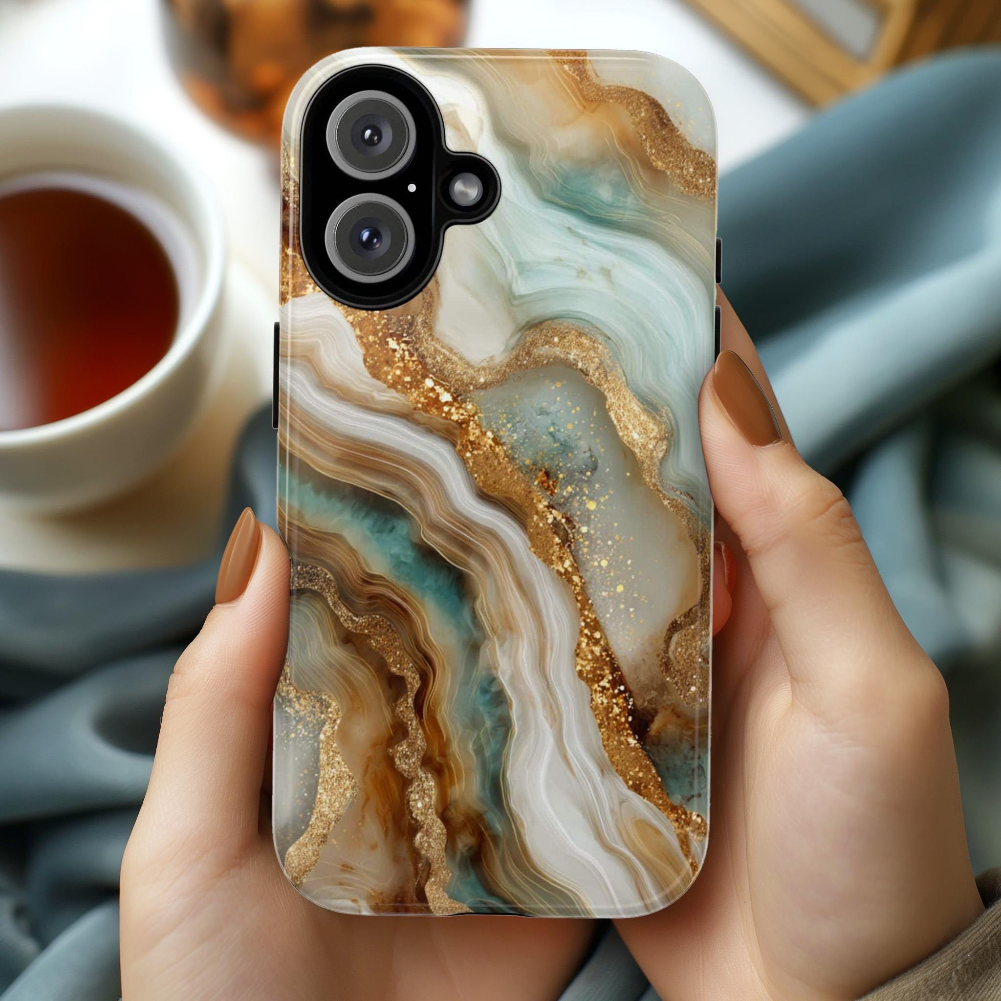 3D Marble Agate Phone Case, Luxury Gold & Mint Stone Cover, Stylish Gemstone Design for iPhone 17 16 15 Tough or Magsafe, Samsung, 479.10