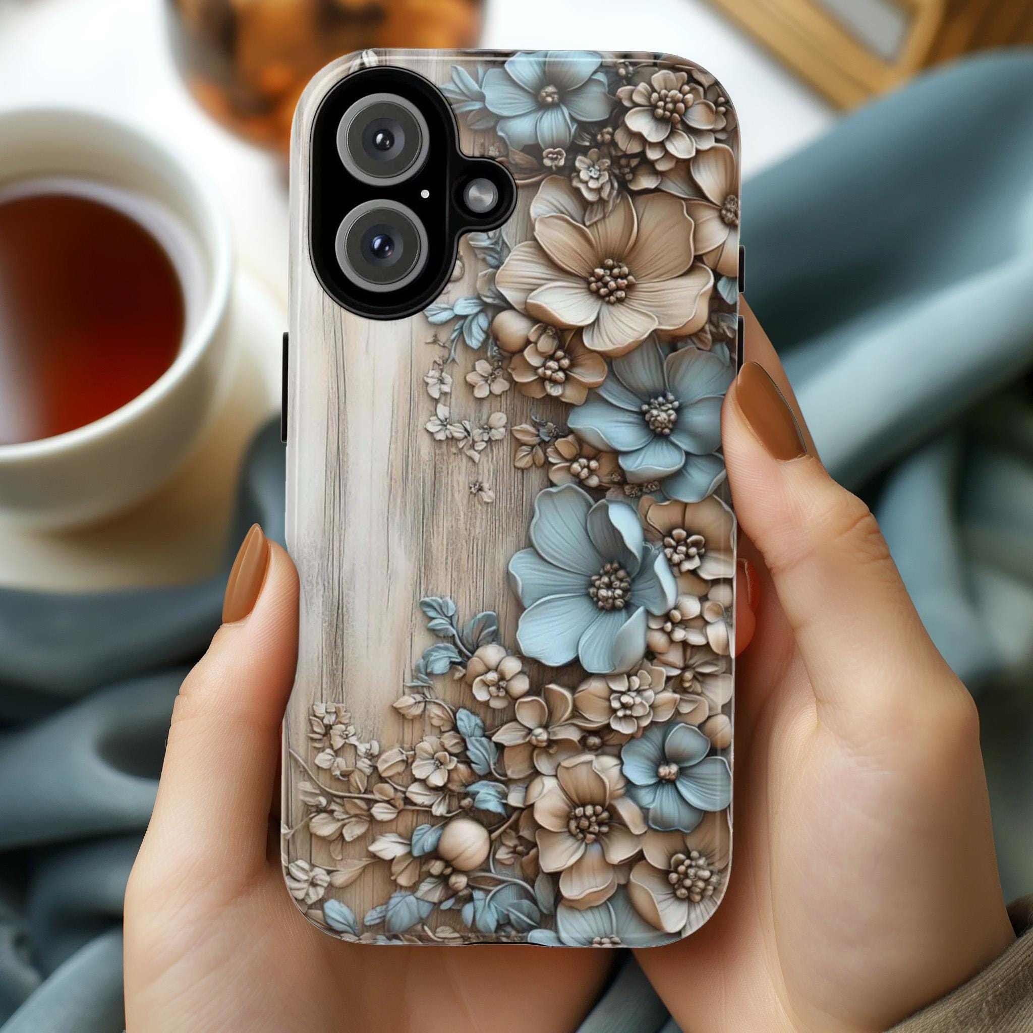 3D Pastel Flowers Art Wood-Carved Phone Case, Elegant Floral Design Phone Cover for iPhone 16 15 Pro Max Plus, Samsung S24, 439.41