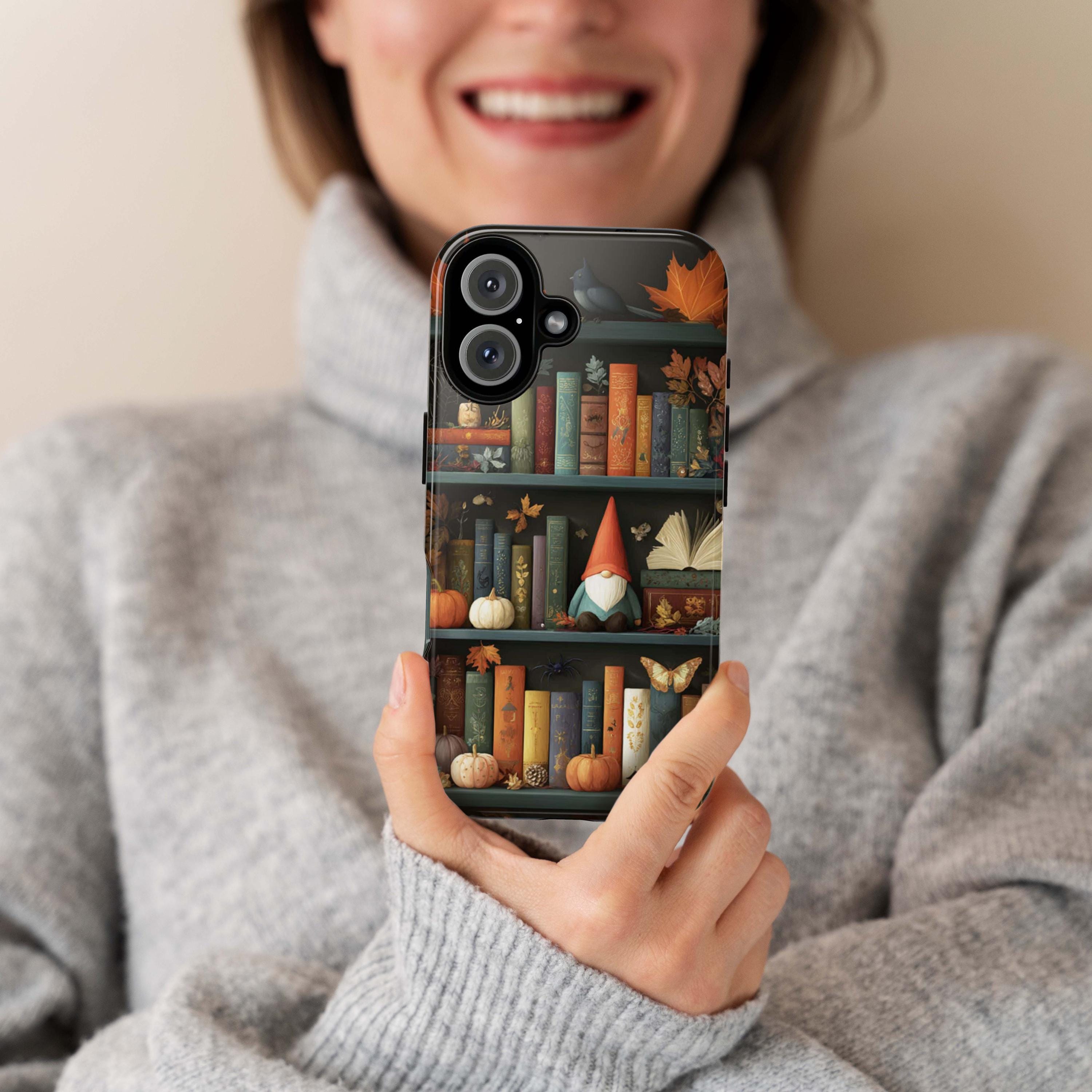 Library Gnome Fall Phone Case, Cute Halloween Gnome with Books, Book Lover Cover for iPhone 17 16 15 Tough or Magsafe, Samsung, 480.6