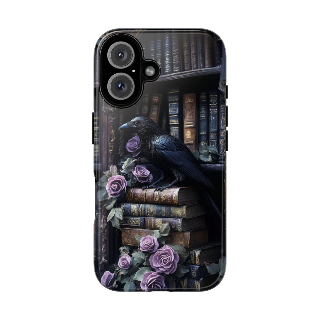 Black Crow with Autumn Bookshelf and Flowers Phone Case, Gothic Dark Academia, Mystical Cat and Floral Art for iPhone 16, Samsung, 423.8
