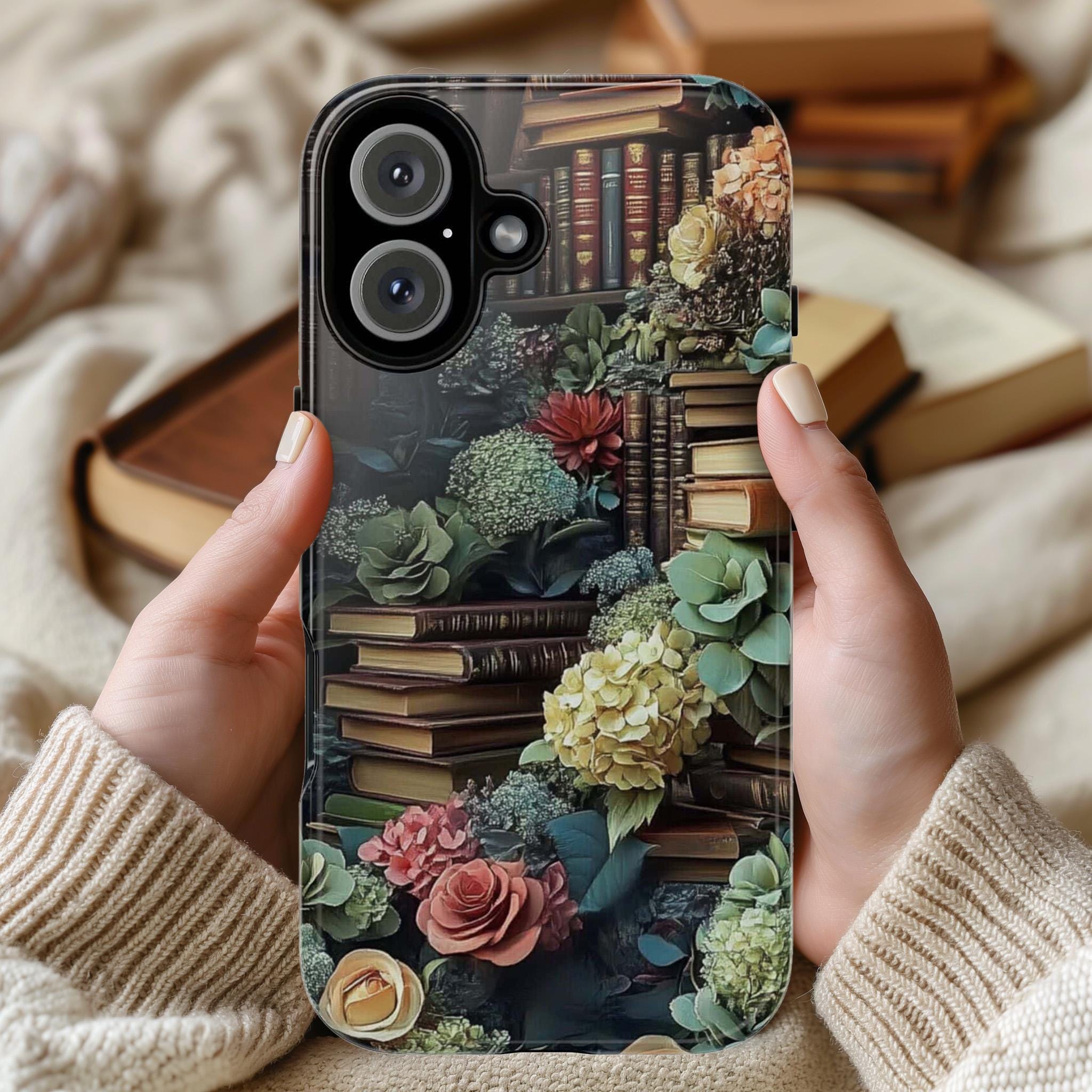 Floral & Library Books Phone Case, Botanical Plant Design Phone Case, Vintage Book Lover Cover for iPhone Tough or Magsafe, Samsung, 423.29