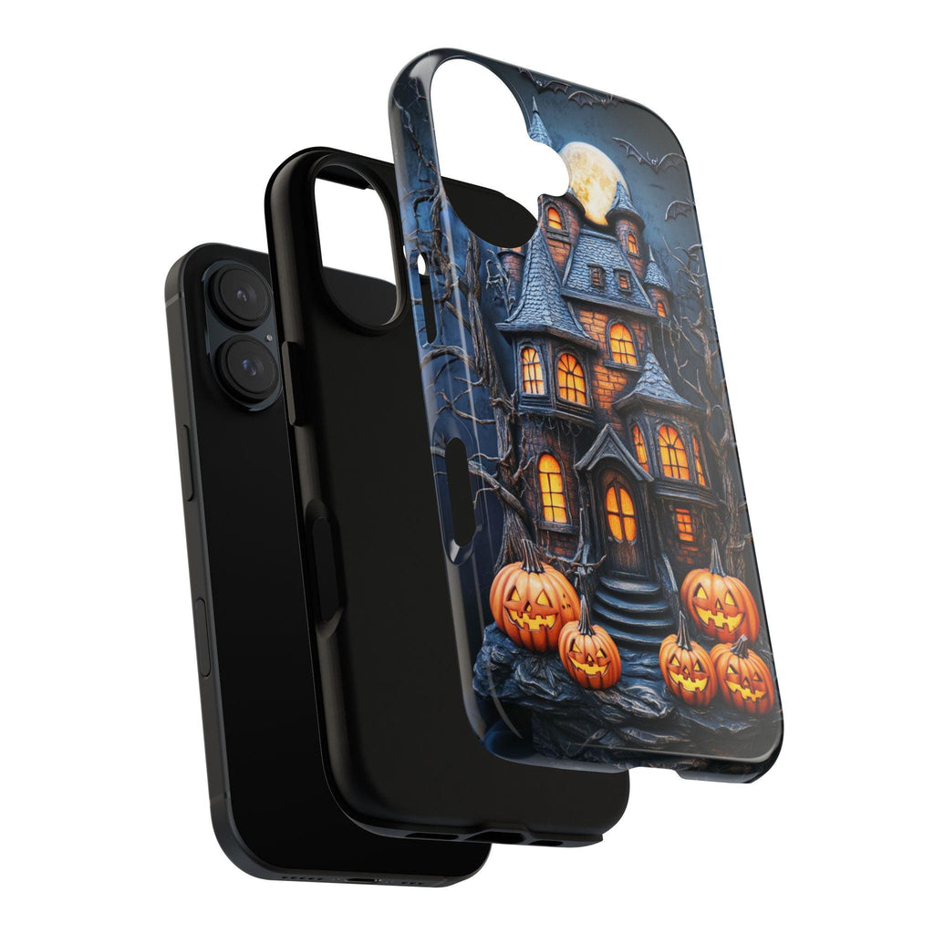 Halloween Haunted House Phone Case, 3D Effect Spooky Design with Pumpkins, Creepy Autumn Cover for iPhone Tough or Magsafe, Samsung, 475.1