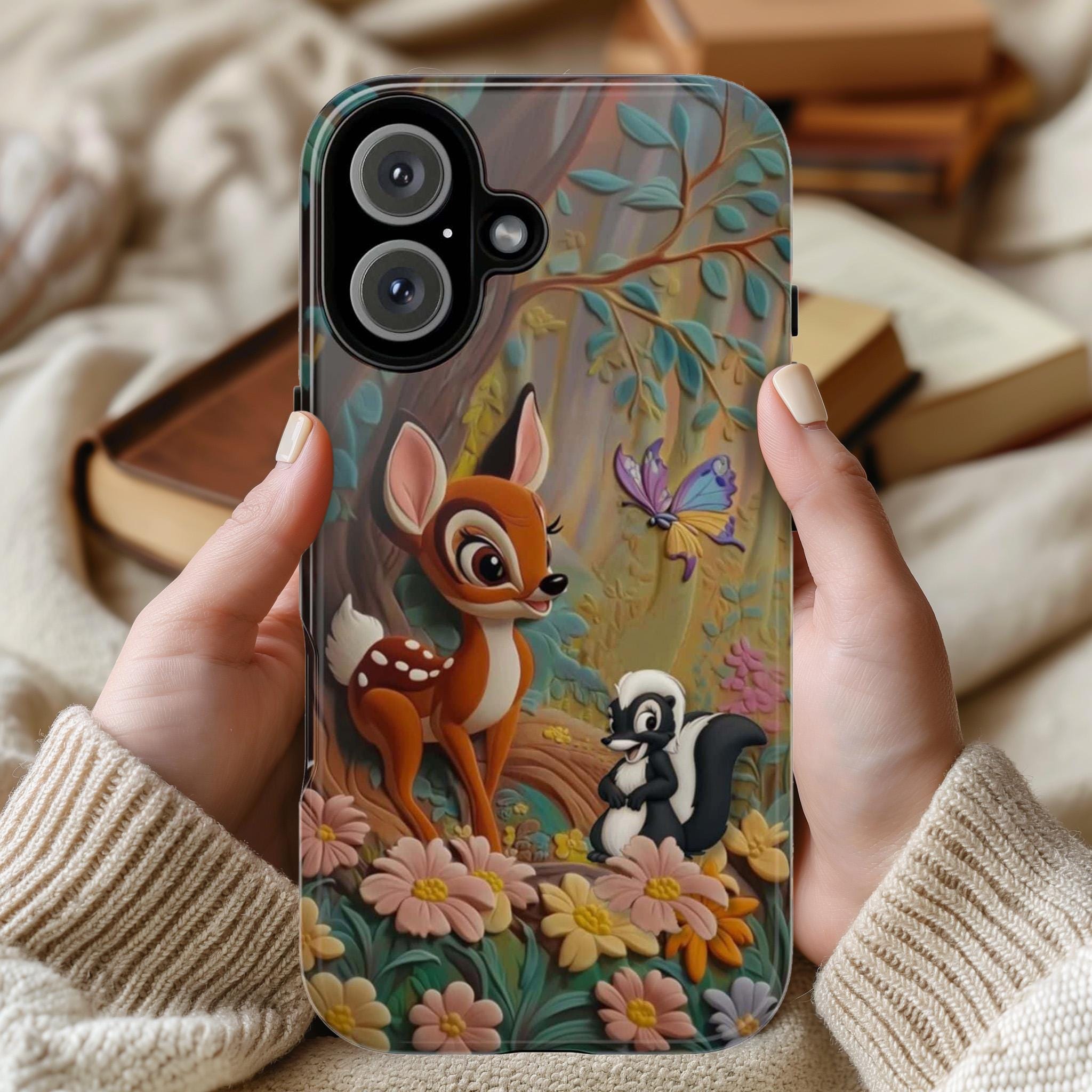 Bambi and Skunk Phone Case, Disney Floral Forest Design, Cute Cartoon Bambi Friends for iPhone 16, 15, 14 Tough or Magsafe & Samsung, 442.50