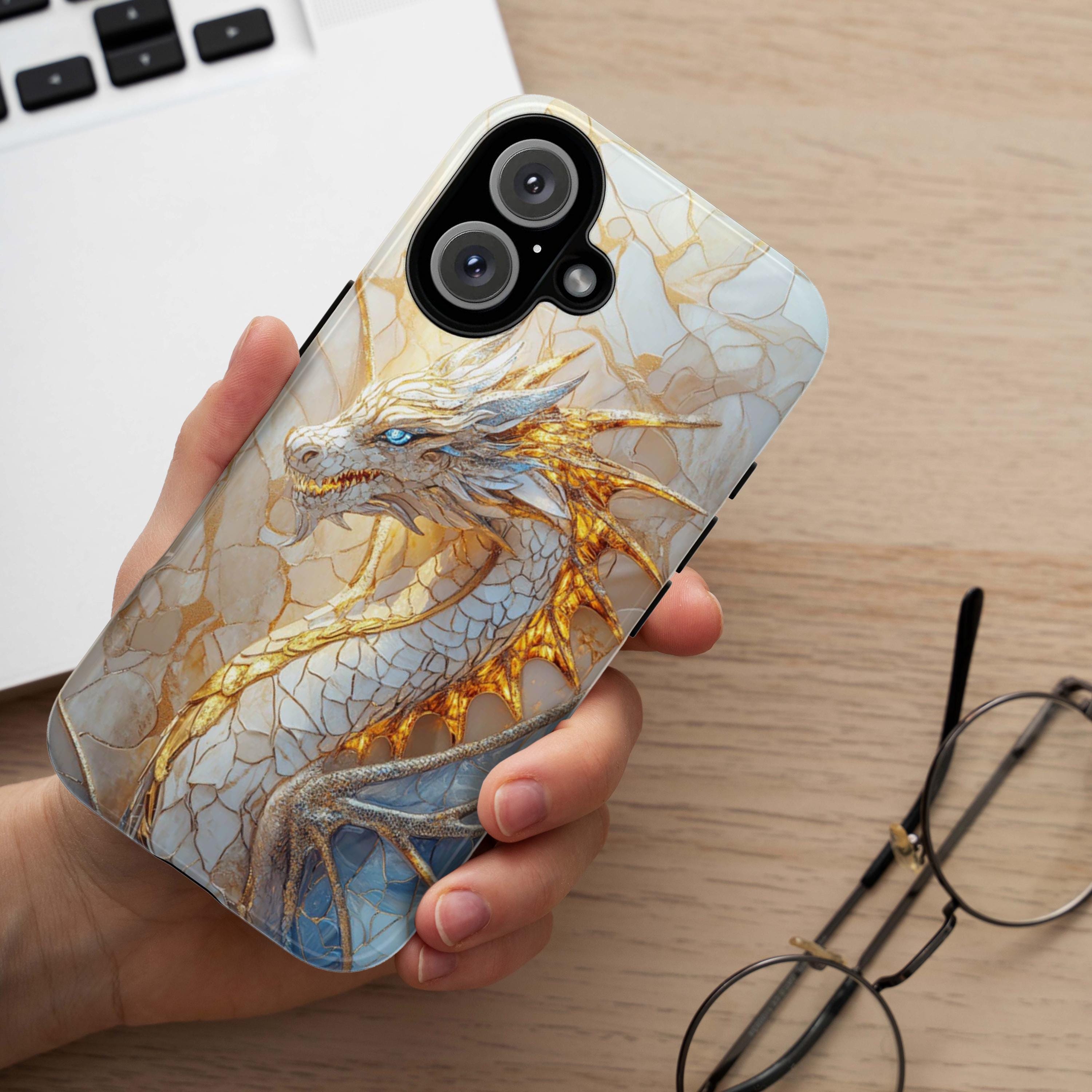 Fantasy White Dragon Stained Glass Phone Case, Gothic Mystical Mosaic Dragon Cover for iPhone 16, 15, Samsung Galaxy S24, 421.8