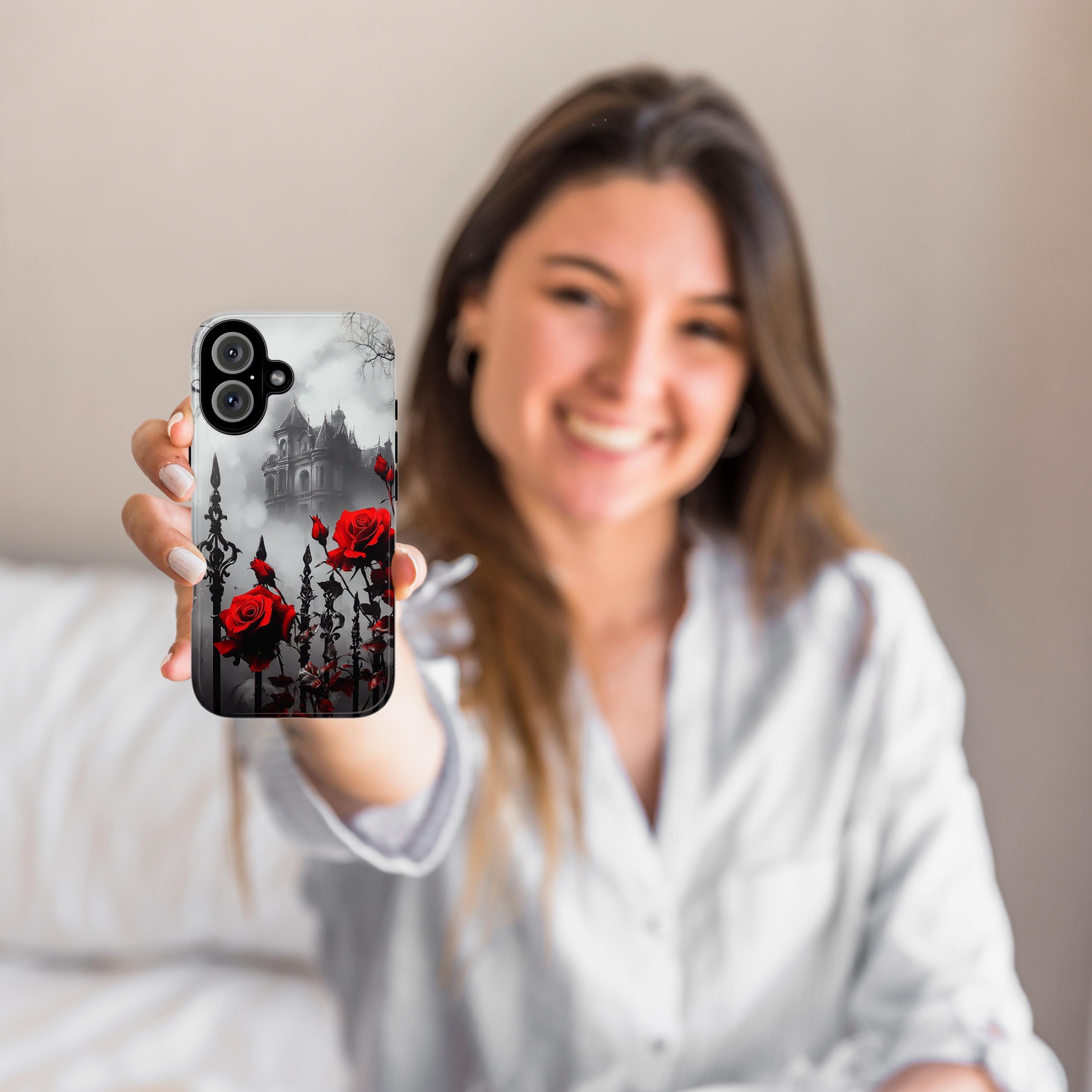 Gothic Castle & Red Roses Floral Fantasy Art, Dark Aesthetic Design, Elegant Gothic Accessory for iPhone 16, Samsung S25, Pixel 9, 463.4