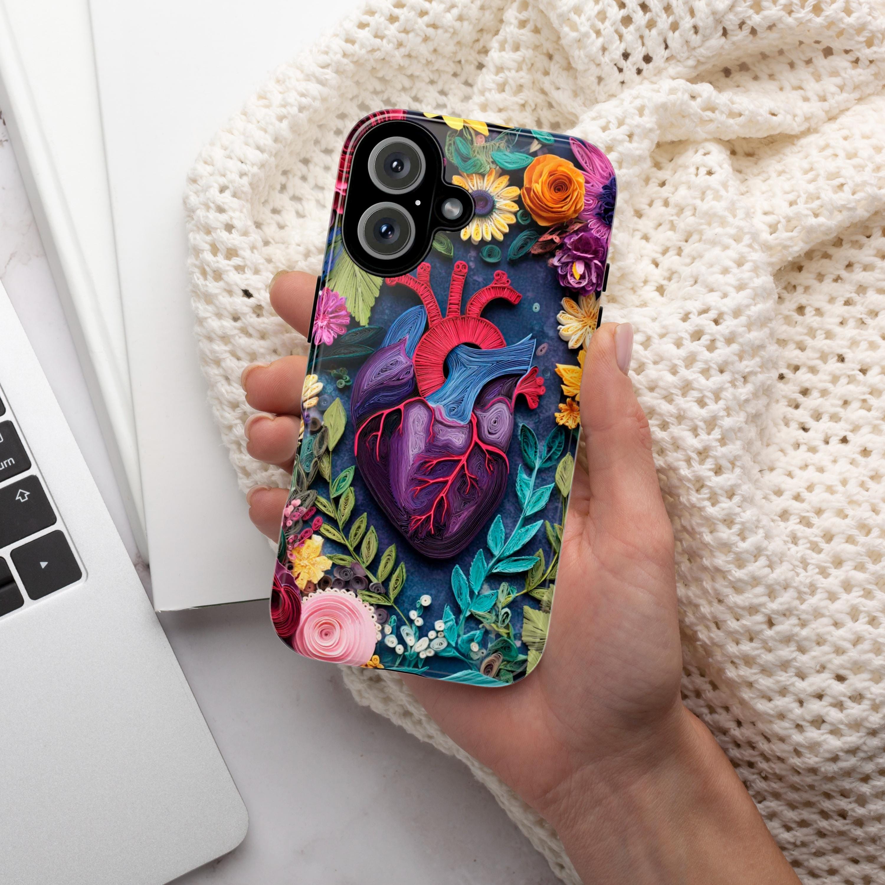 Anatomy Heart & Floral Quilling Paper Art 3D Phone Case, Artistic Nature Cover for iPhone 16 15 14 Tough or Magsafe, Samsung, 470.18