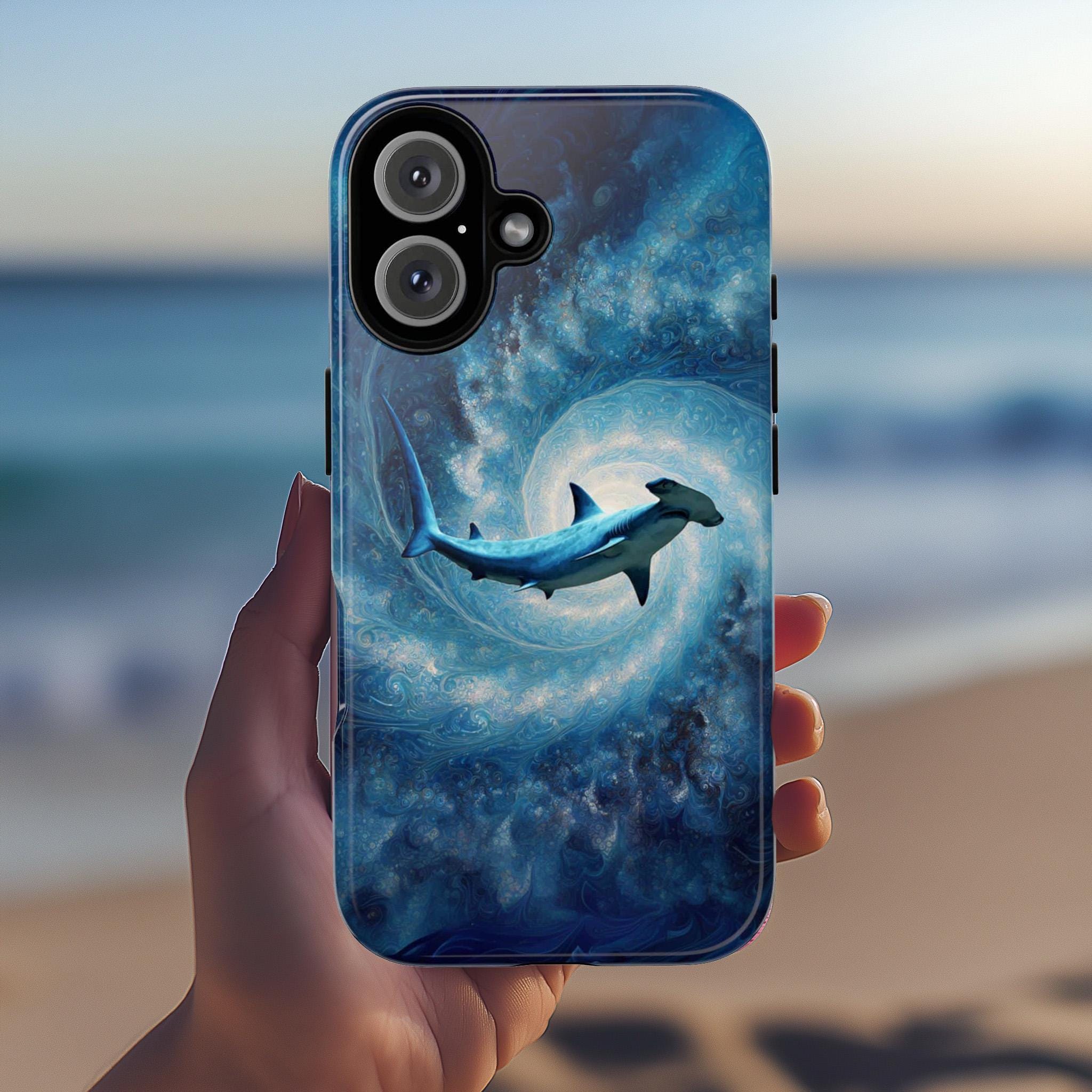 Ocean Inspired Phone Case with Shark Design, Blue Aesthetic Protective Cover, Unique Marine Life Gift for iPhone and Android Models, 466.11