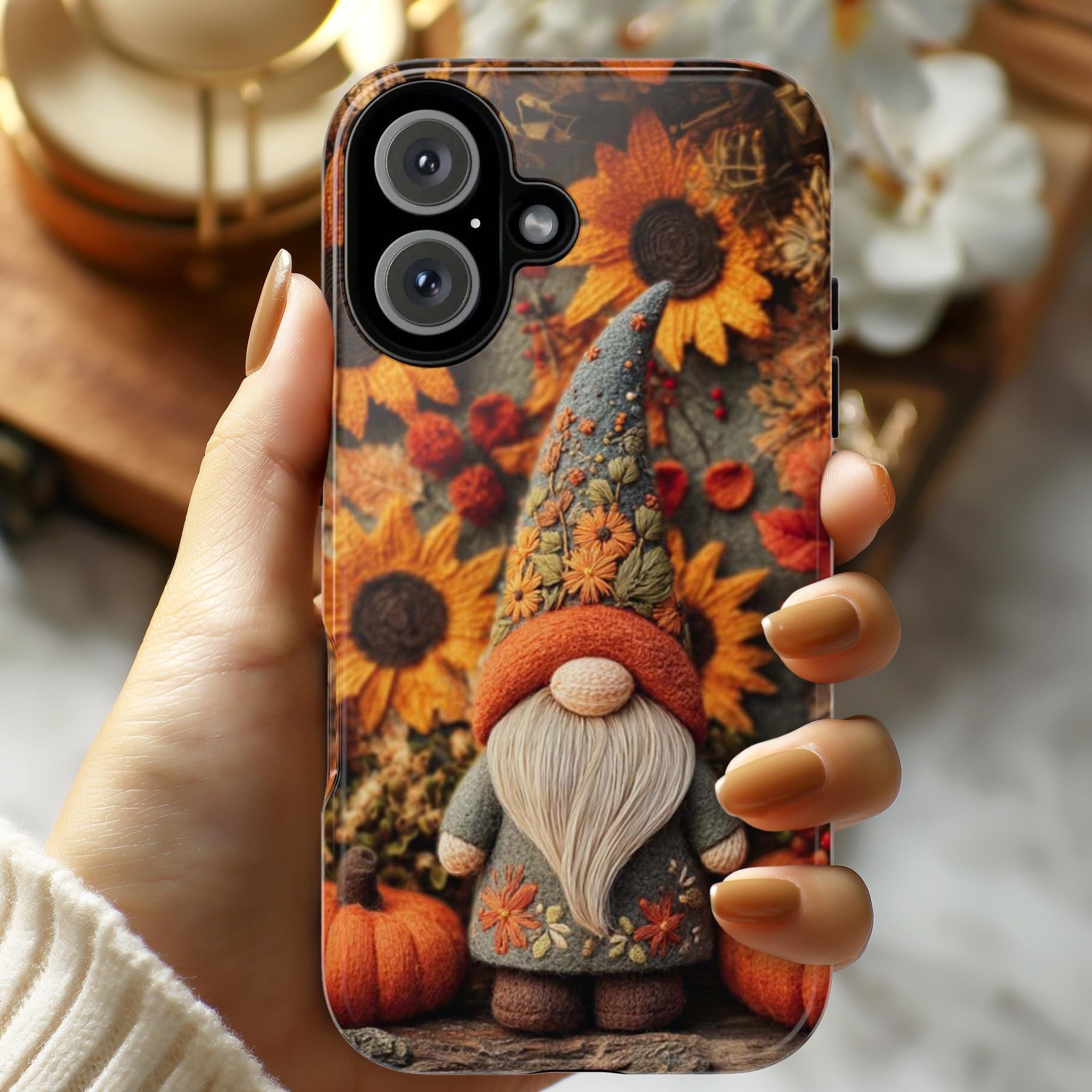 Fall Gnome Embroidery Phone Case with Felted Pumpkin | Cozy Autumn  Cute Gnome Cover for iPhone 16 15 Tough or Magsafe, Samsung, 452.16
