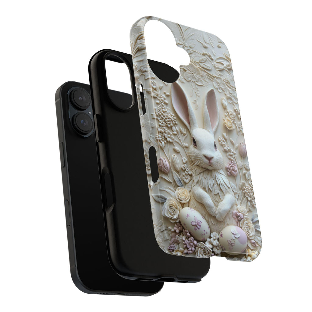 3D Easter White Bunny & Egges Phone Case, Spring Design, Cute Pastel Easter Rabbit Case for iPhone 16 15 14 13 Magsafe, Samsung S25, 464.2