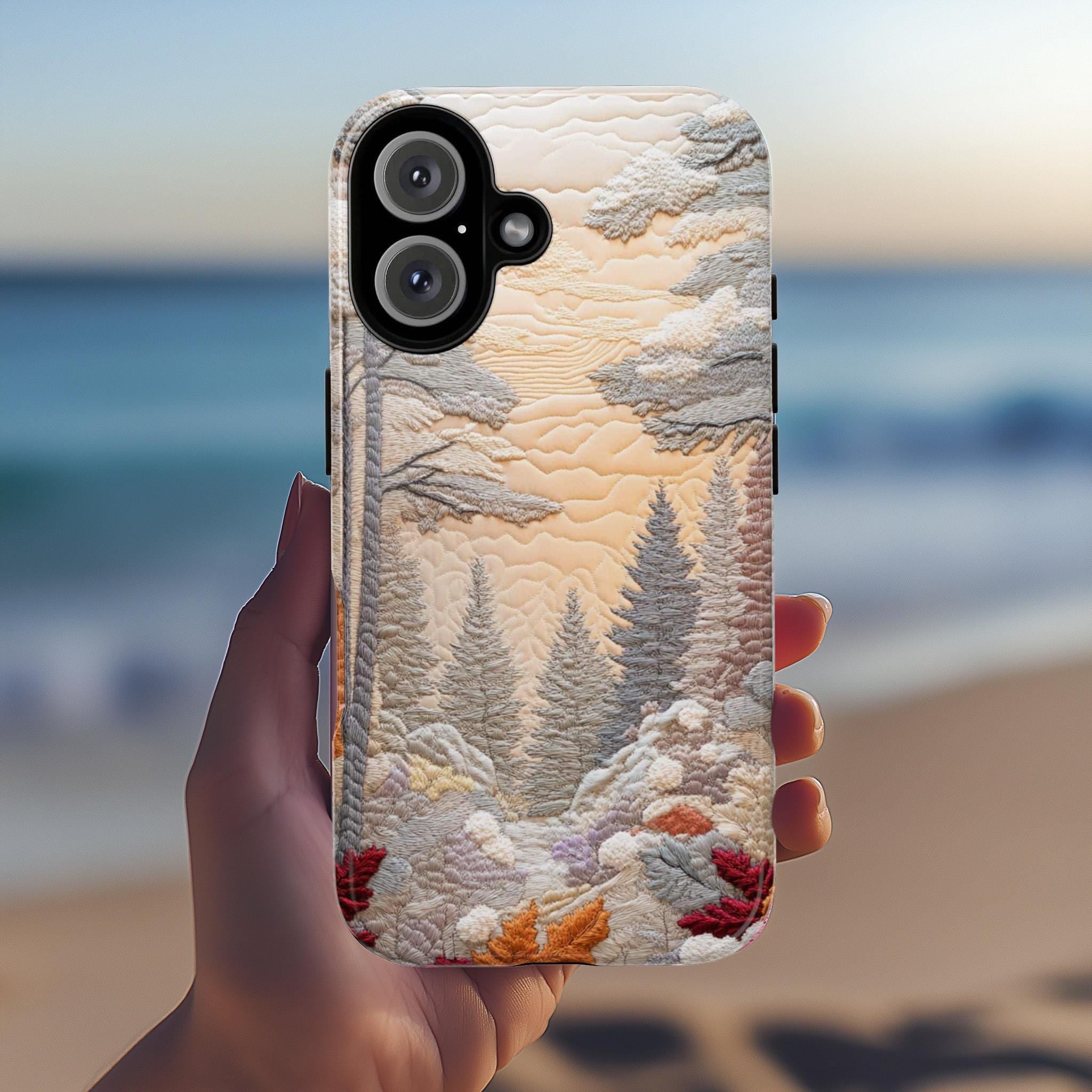 Winter Landscape Patchwork MagSafe Phone Case, Cozy Snowy Design with Winter Forest & Sunset Case for iPhone 16 15 14 13, Samsung S24, 453.8