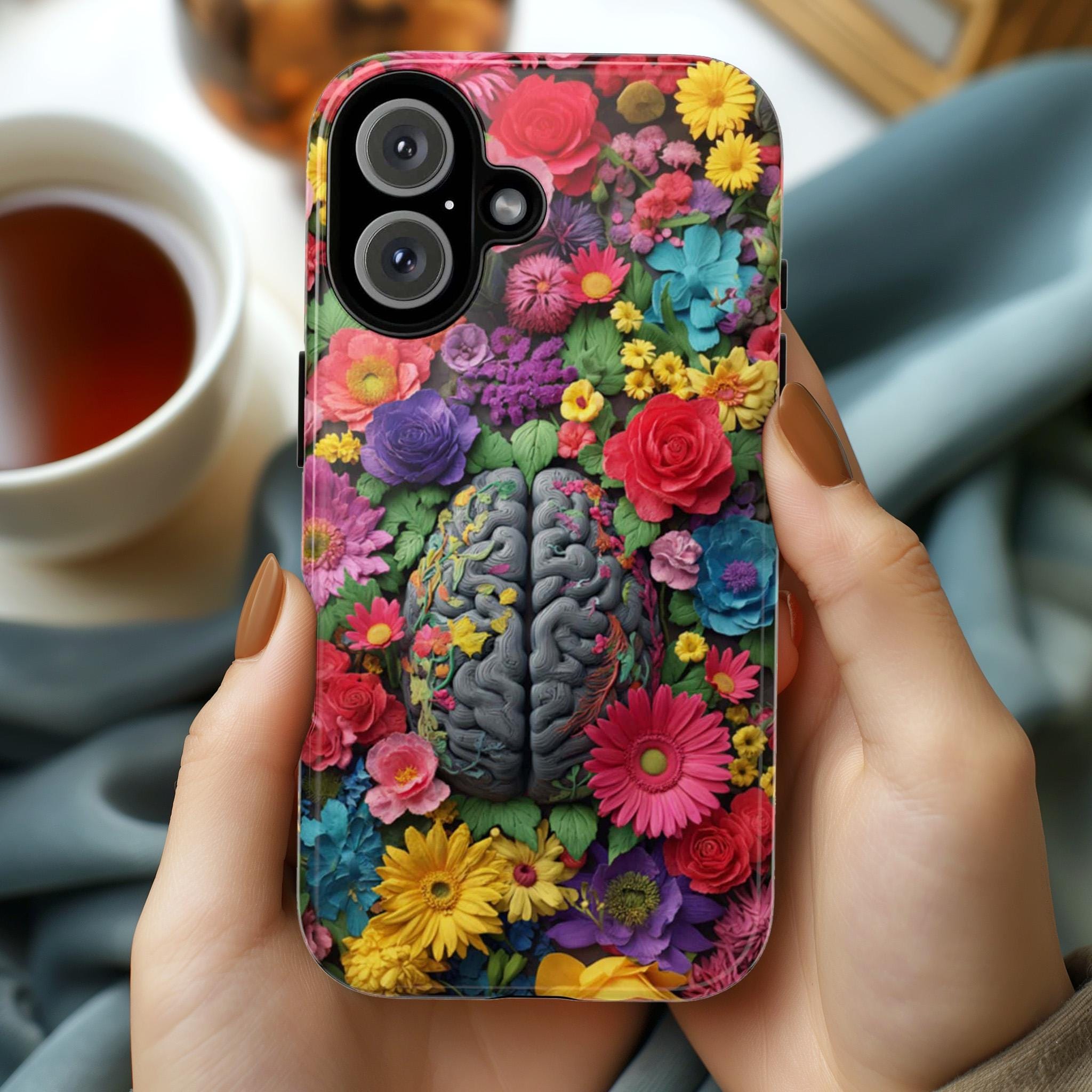 Vibrant Human Brain Floral Phone Case, Botanical Design with Daisies & Roses, Medical Case for iPhone 17 16 Tough or Magsafe, Samsung, 430.4
