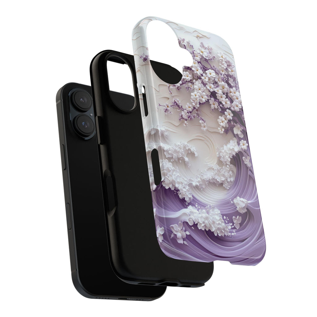 Sakura Cherry Blossom & Waves Phone Case, Purple Japanese Art Cover, 3D Elegant Floral Case for iPhone 16 15 14 Magsafe, Samsung S25, 469.2