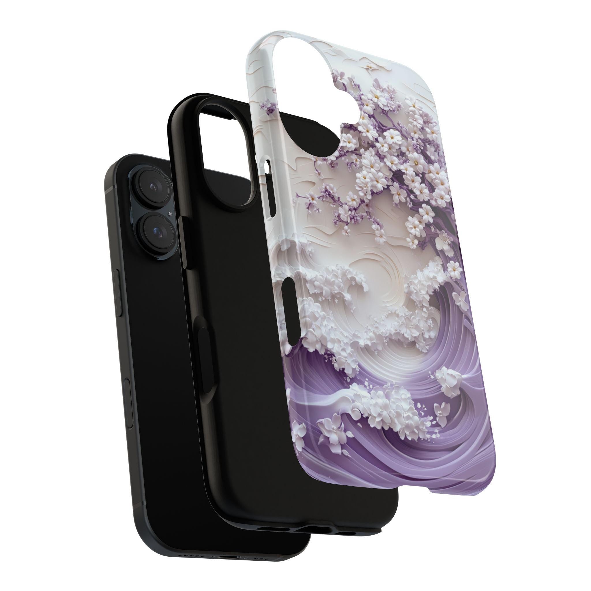Sakura Cherry Blossom & Waves Phone Case, Purple Japanese Art Cover, 3D Elegant Floral Case for iPhone 16 15 14 Magsafe, Samsung S25, 469.2