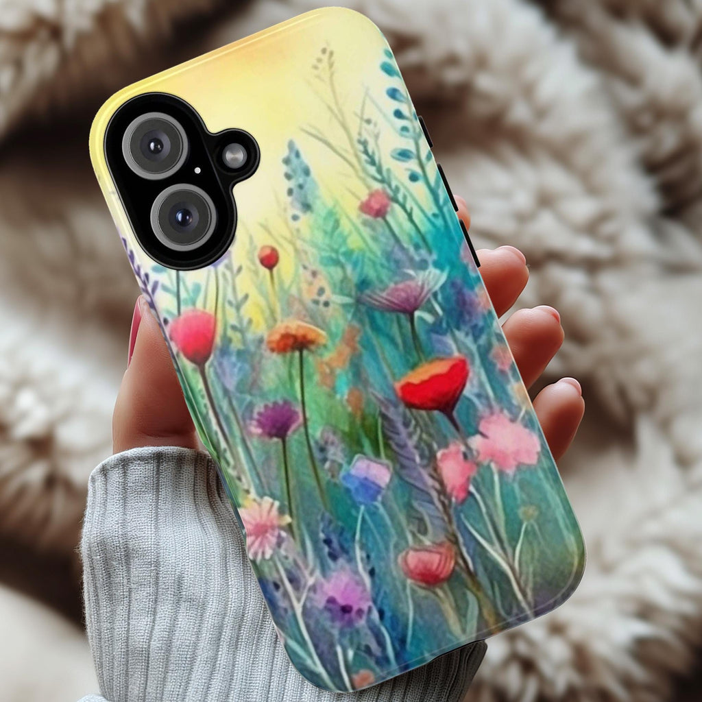 Meadow Floral iPhone Case with Rainbow Ombre Paint Vibes Cover for iPhone 16 15 14 13 Tough or Magsafe, Samsung, Flowers Lovers Gift, 90.3