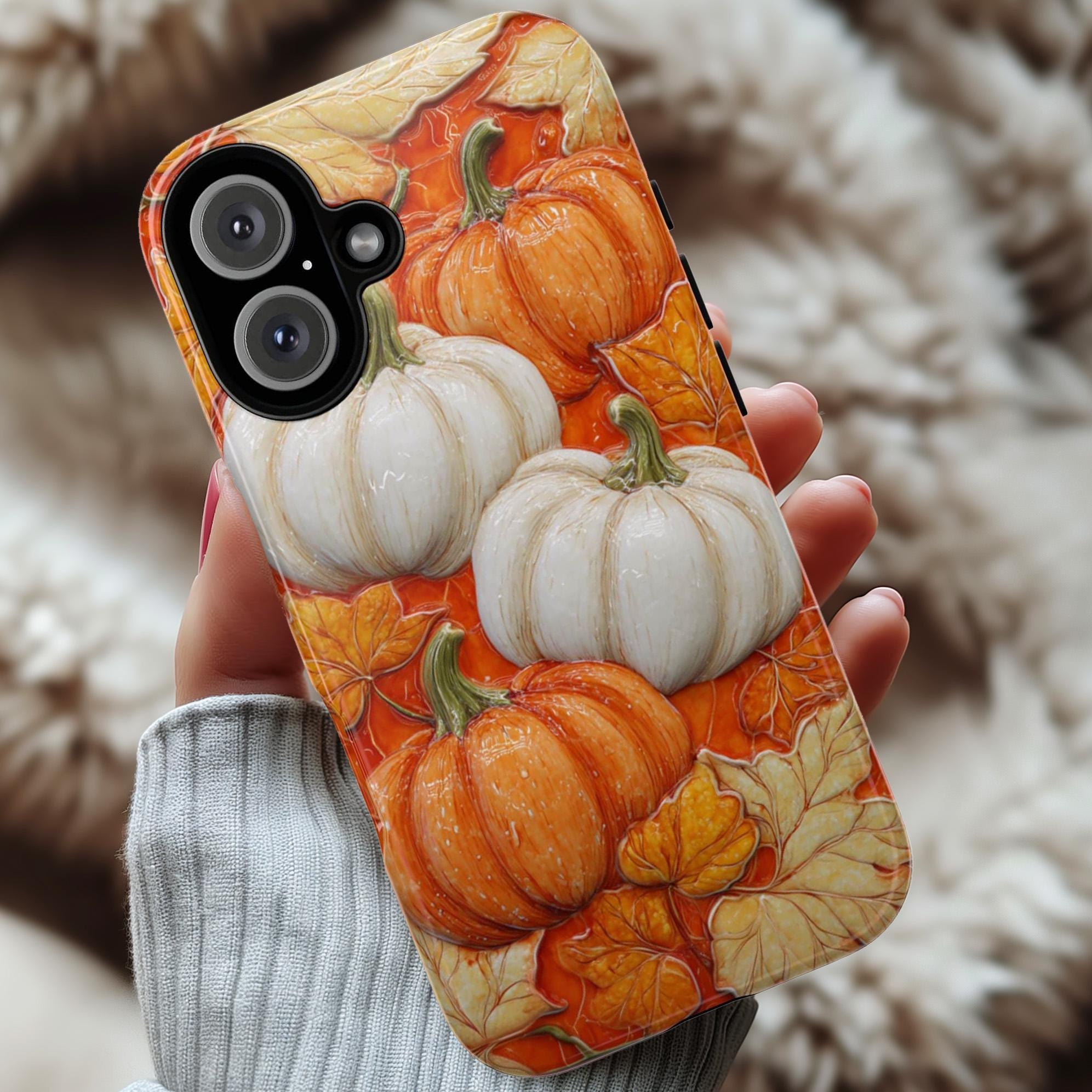 3D Autumn Pumpkin Phone Case, Orange Fall Lovers Phone Case, Festive Seasonal Cover for iPhone 16 15 14 Tough or Magsafe, Samsung, 475.17