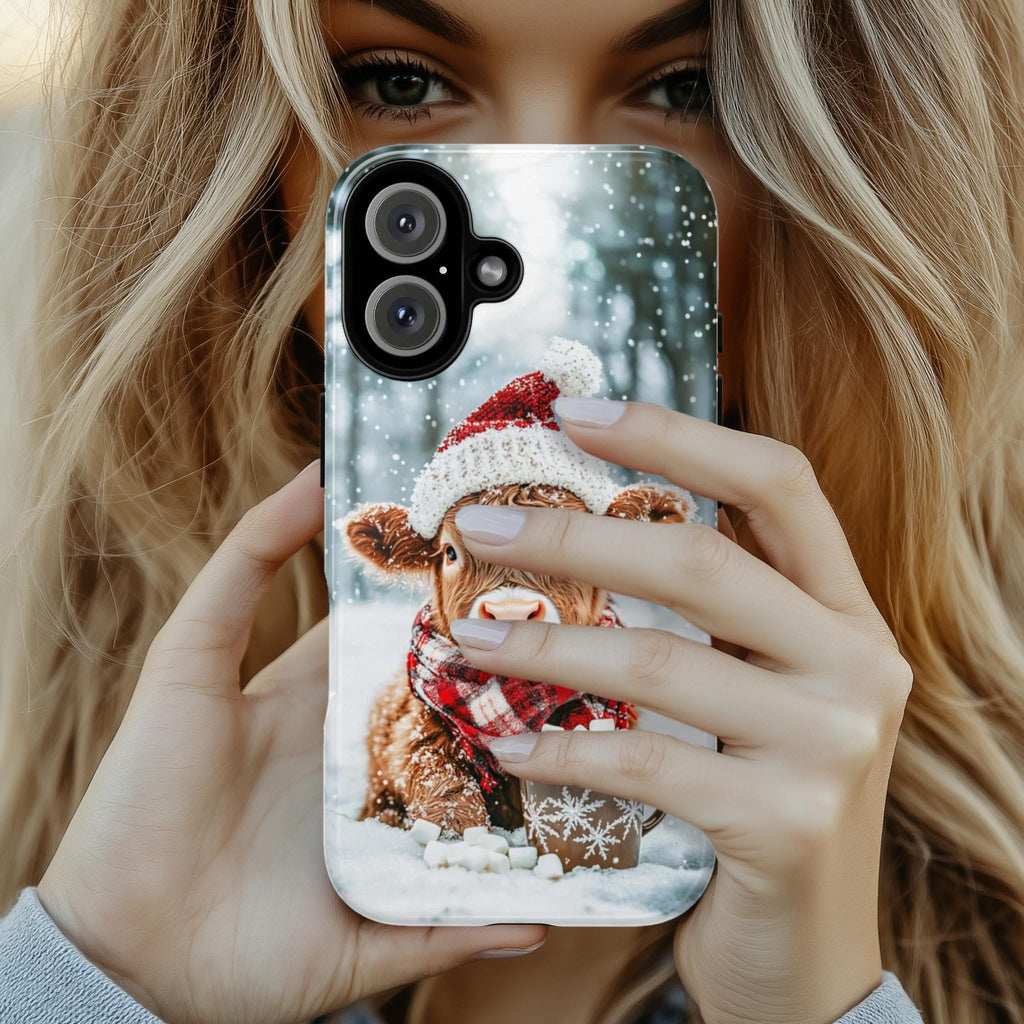 Christmas Highland Cow & Winter Forest Phone Case, Festive Xmas Hot Chocolate Marshmellow iPhone 16 15 14 13 Pro Max, Samsung S24, 440.4