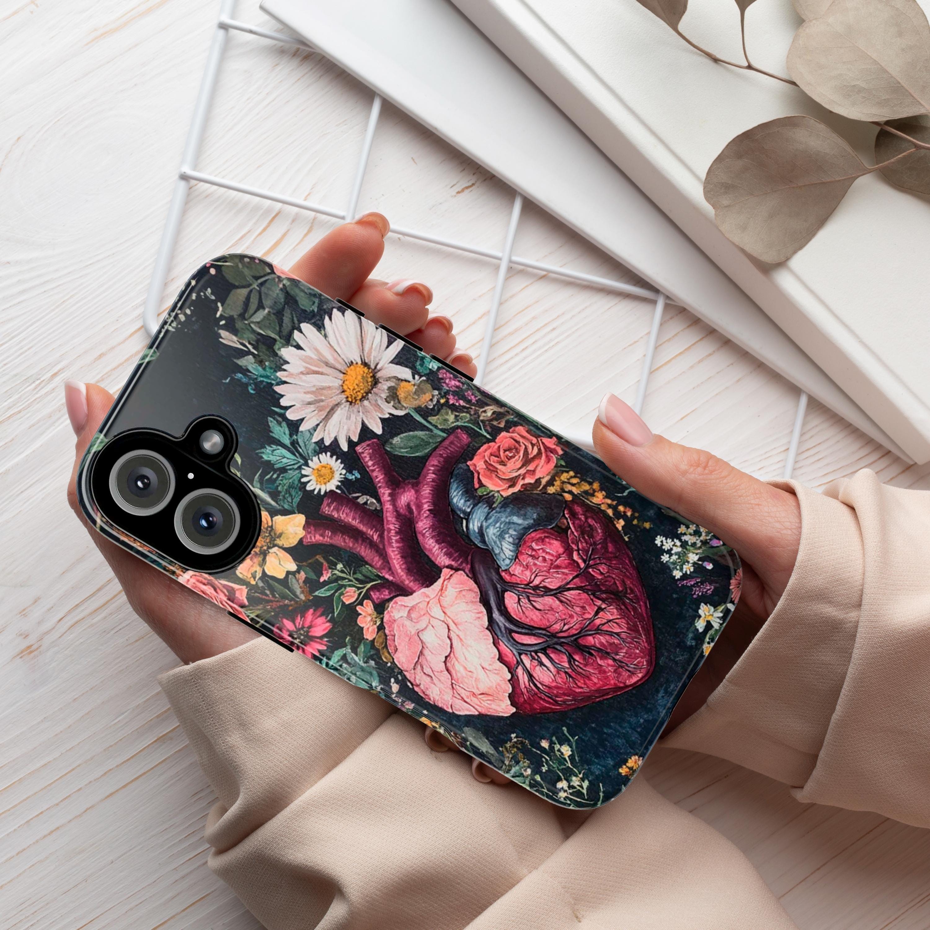 Watercolor Floral Anatomy Heart Phone Case, Anatomical Art Design, Floral Human Heart Phone Cover for iPhone 16 15 Pro, Samsung S24, 435.10