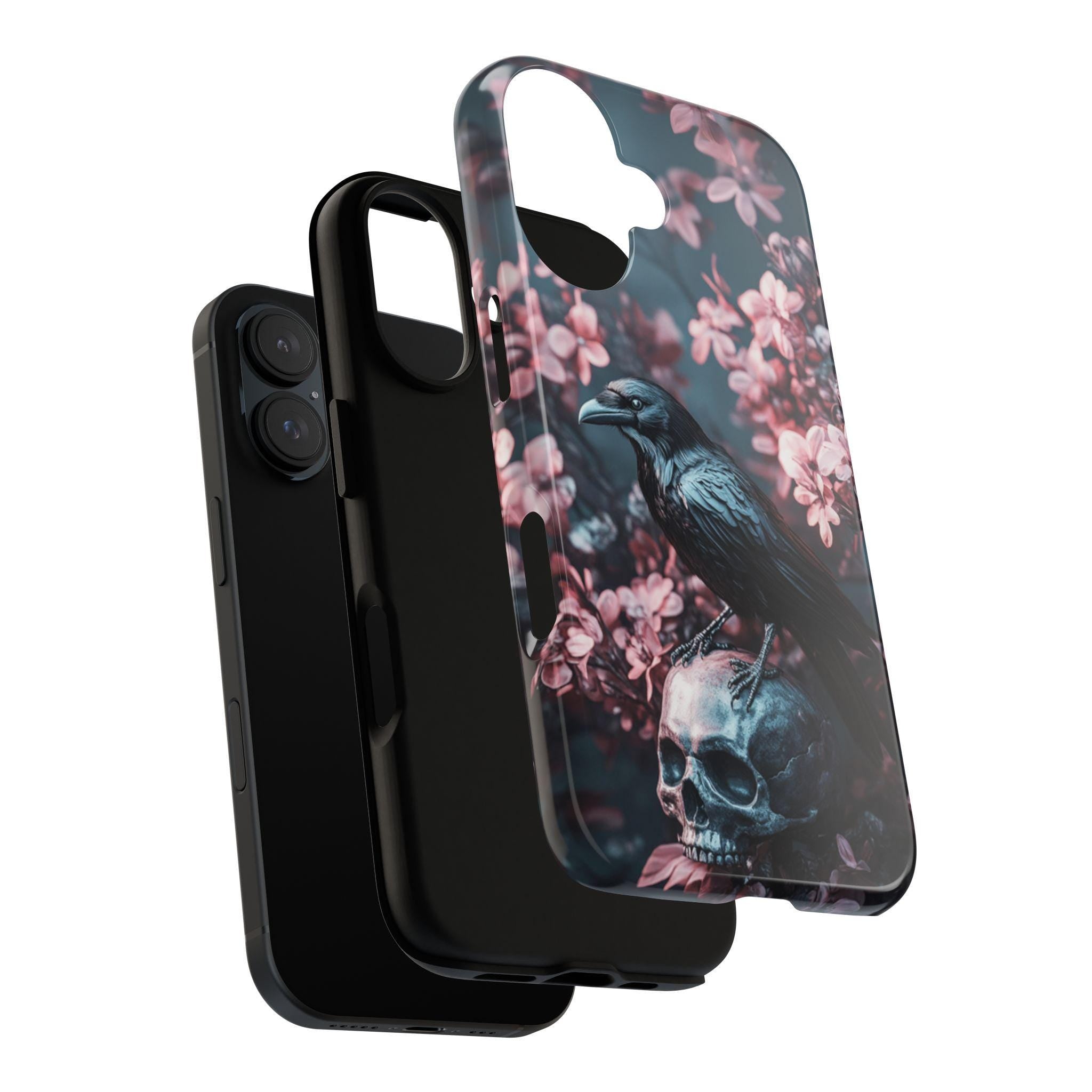 Dark Gothic Raven and Skull Phone Case, Pink Floral Design Phone Case for iPhone 16,15 Magsafe, Samsung Galaxy S25, Pixel 9, 422.11