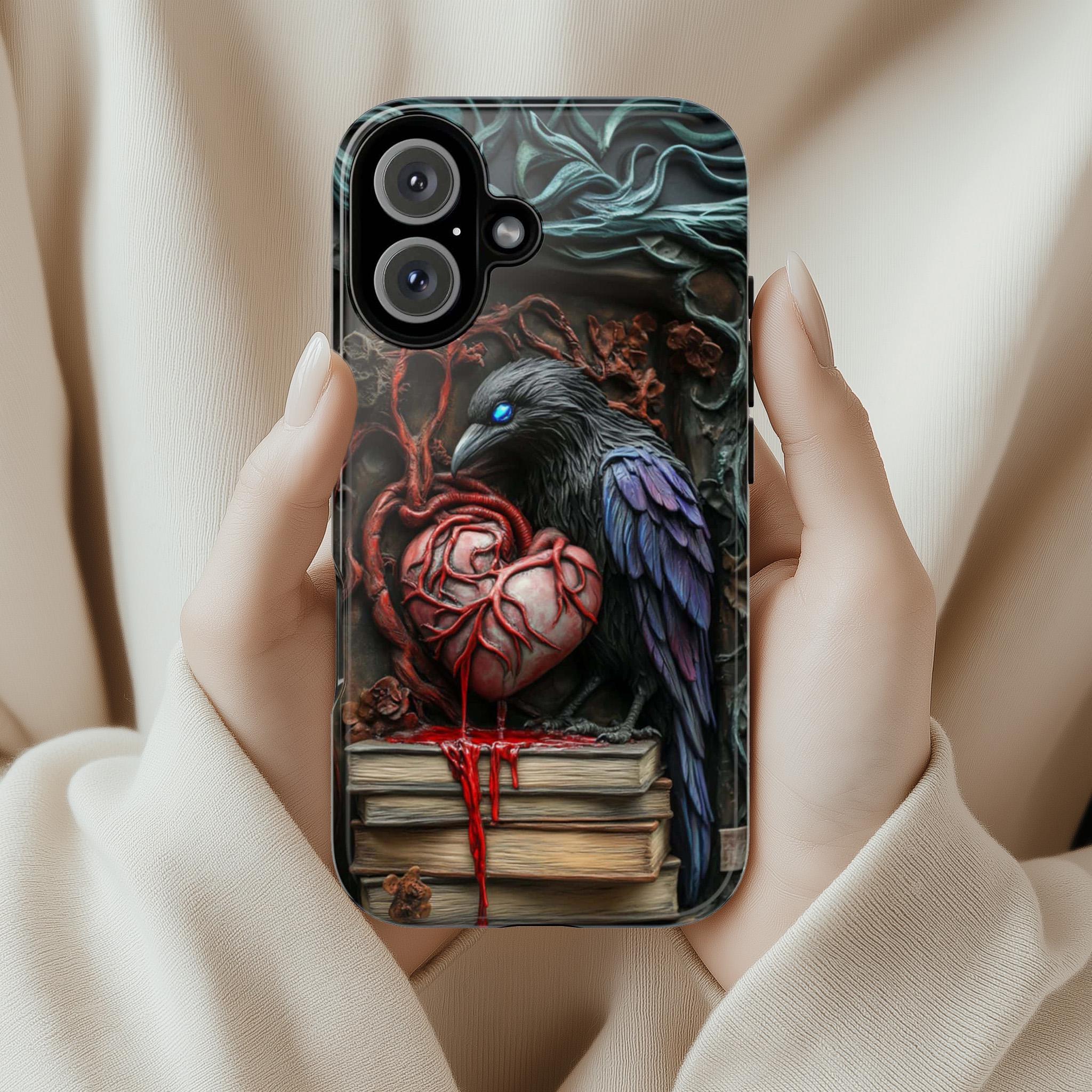 3D Raven, Books and Heart Dark Gothic Phone Case, Dark Academia Mystical Cat Phone Cover for iPhone 16, 15, 14, Samsung Galaxy, 423.7