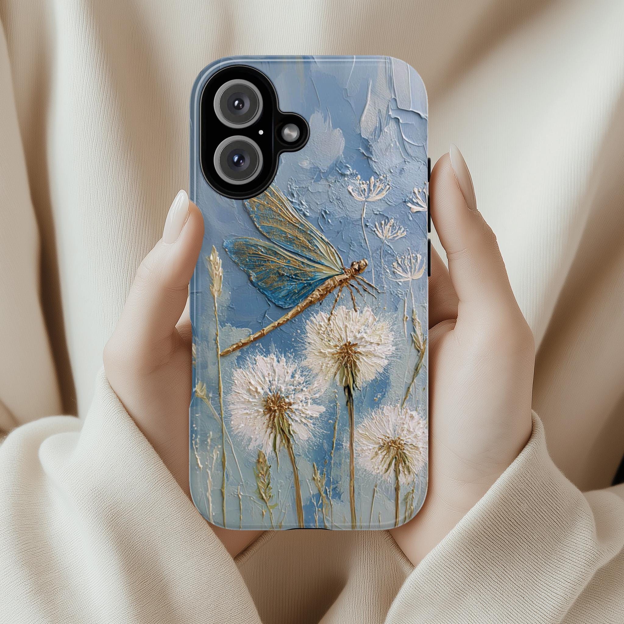 Dragonfly and Dandelion Phone Case with Oil Painting Effect, Nature Artistic Botanical Cover for iPhone Tough or Magsafe, Samsung, 476.25