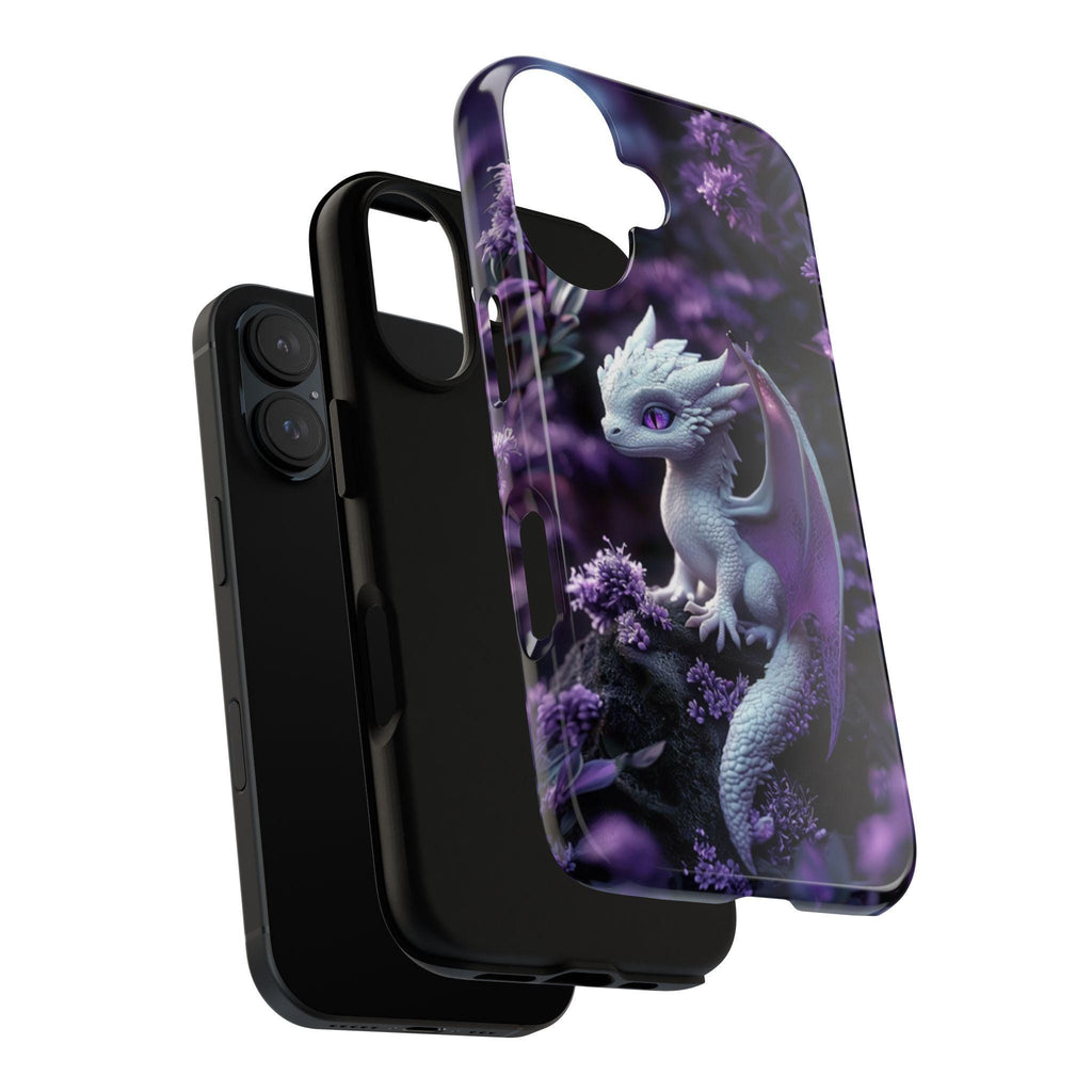 Cute 3D effect Baby Dragon Purple Floral Phone Case | White Baby Dragon Phone Cover for iPhone 16, 15, 14, 13 Tough or Magsafe, 421.9