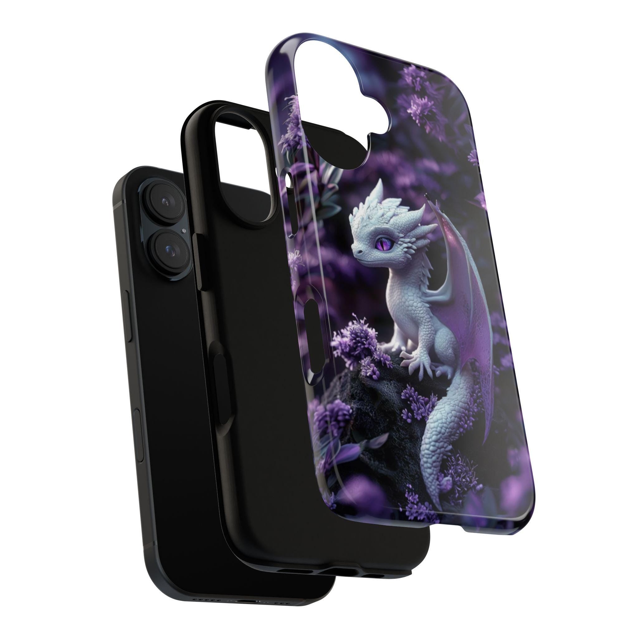 Cute 3D effect Baby Dragon Purple Floral Phone Case | White Baby Dragon Phone Cover for iPhone 16, 15, 14, 13 Tough or Magsafe, 421.9