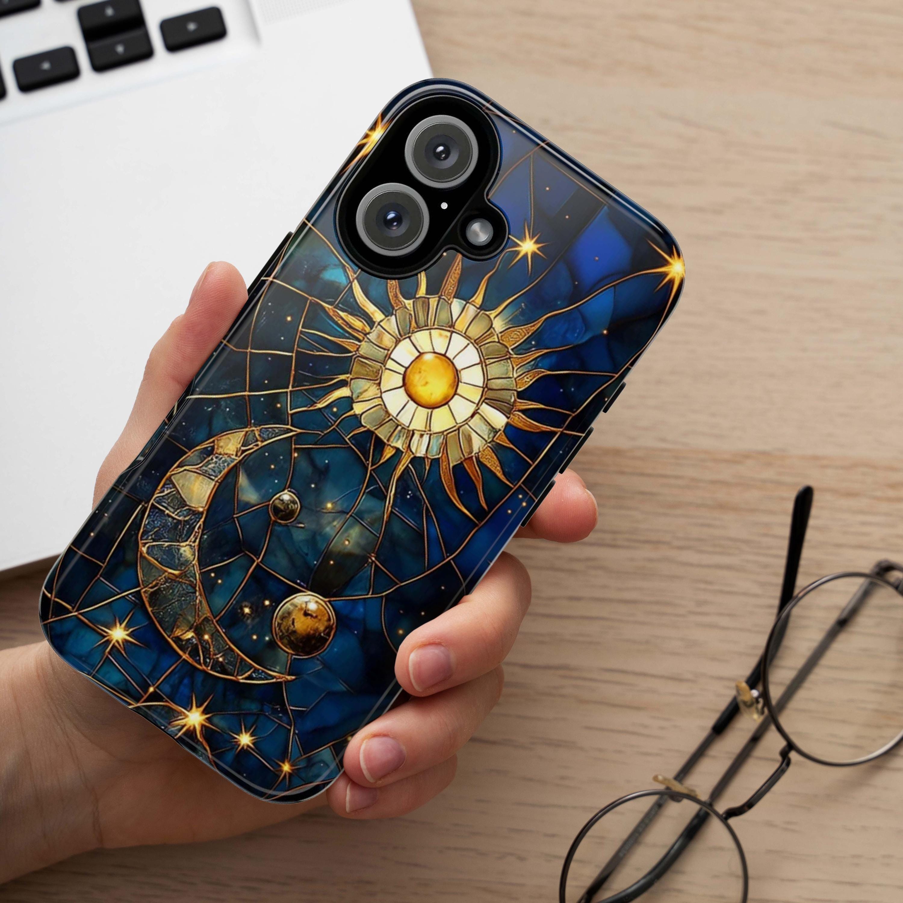 Celestial Stained Glass Print Moon and Stars Phone Case, Mystic Starry Night Cover for iPhone 16, 15, 14, 13 Magsafe & Samsung, Pixel, 432.5