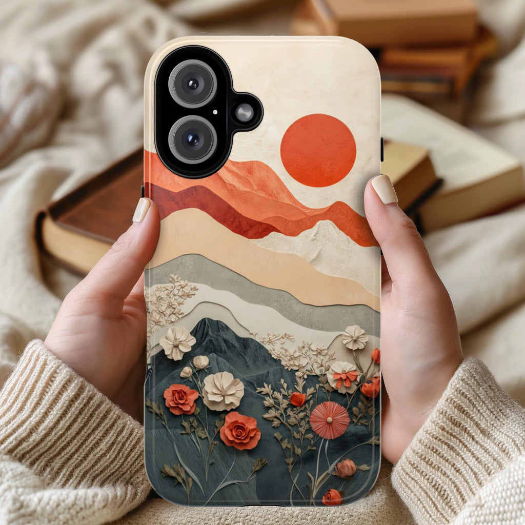 Paper Art effect Mountain Sunset & Floral Phone Case, Nature Landscape Lover Phone Cover for iPhone Tough or MagSafe, Samsung, 473.8