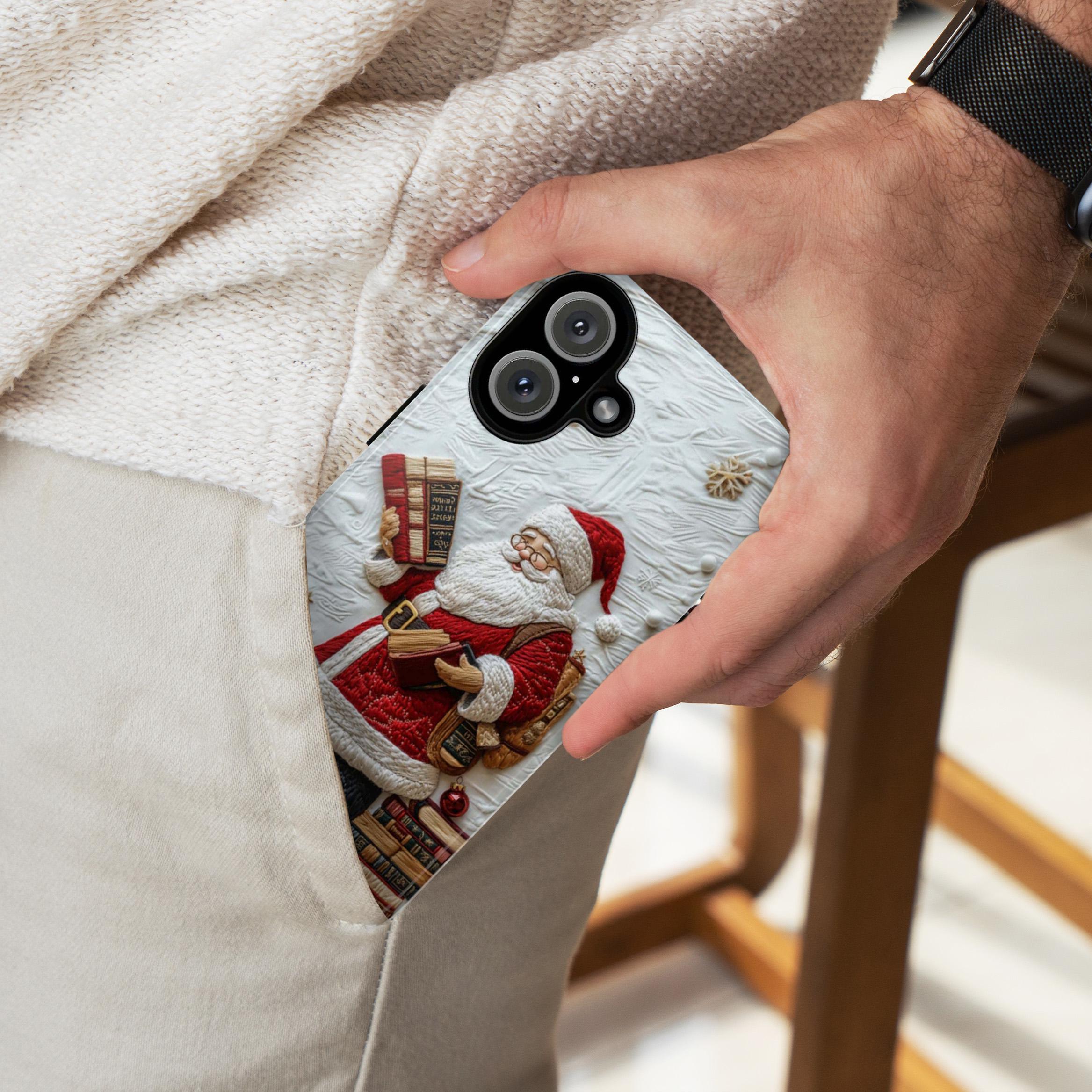 Holiday Santa & Books 3D Embroidered effect Phone Case, Winter Festive Design for iPhone 16 15 14 13 Magsafe Plus, Samsung S24, 444.7