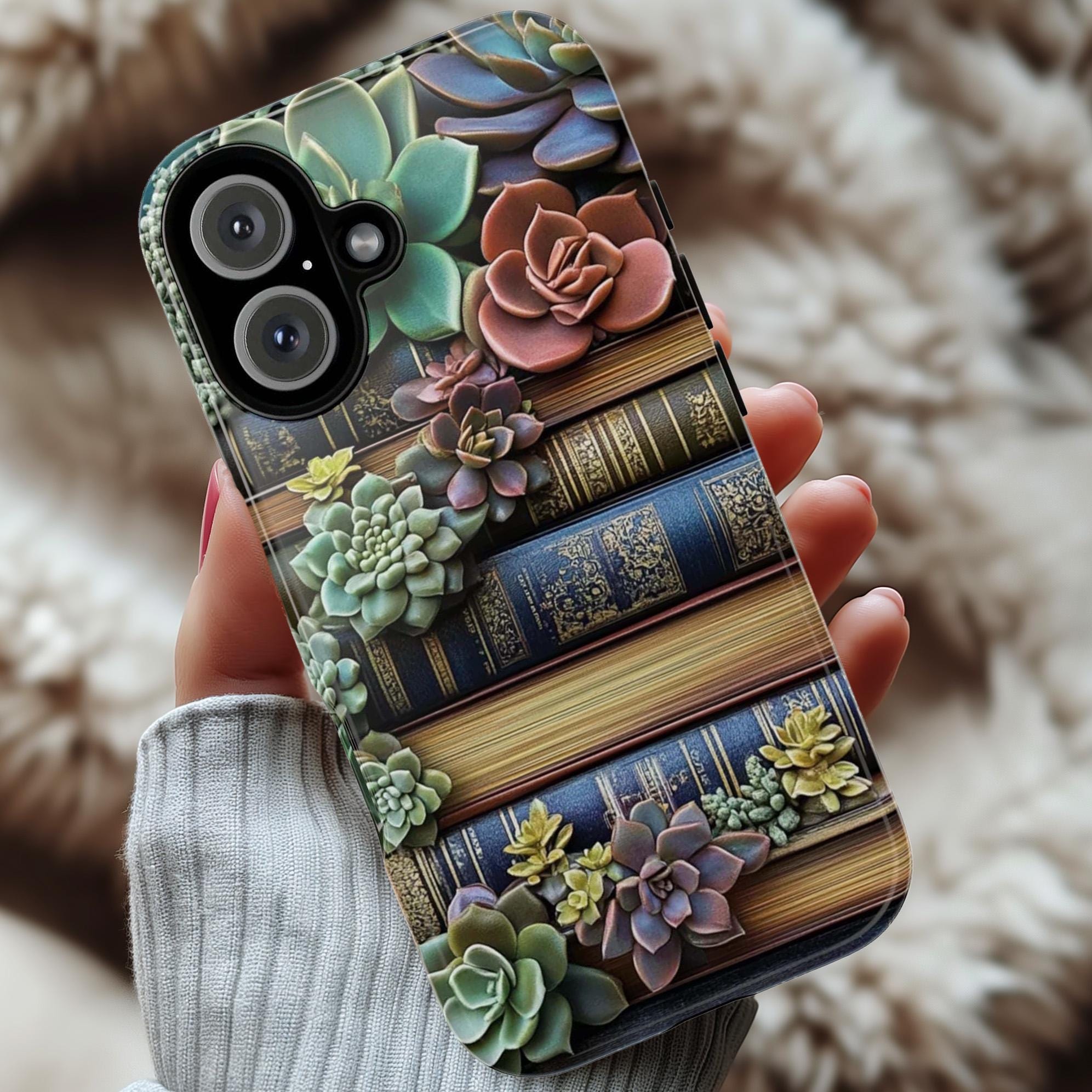 Sembervivum & Library Phone Case, Botanical Plant Design Phone Case, Vintage Book Lover Cover for iPhone Tough or Magsafe, Samsung, 423.26