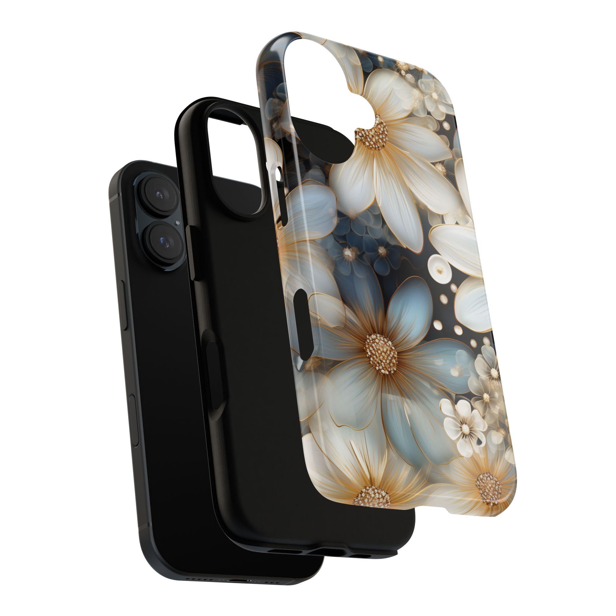 Daisy Flowers Stained Glass Phone Case, Gold & White Floral, Aesthetic Art Floral Cover for iPhone 16 Magsafe, Galaxy S25 Pixel 9, 333.1