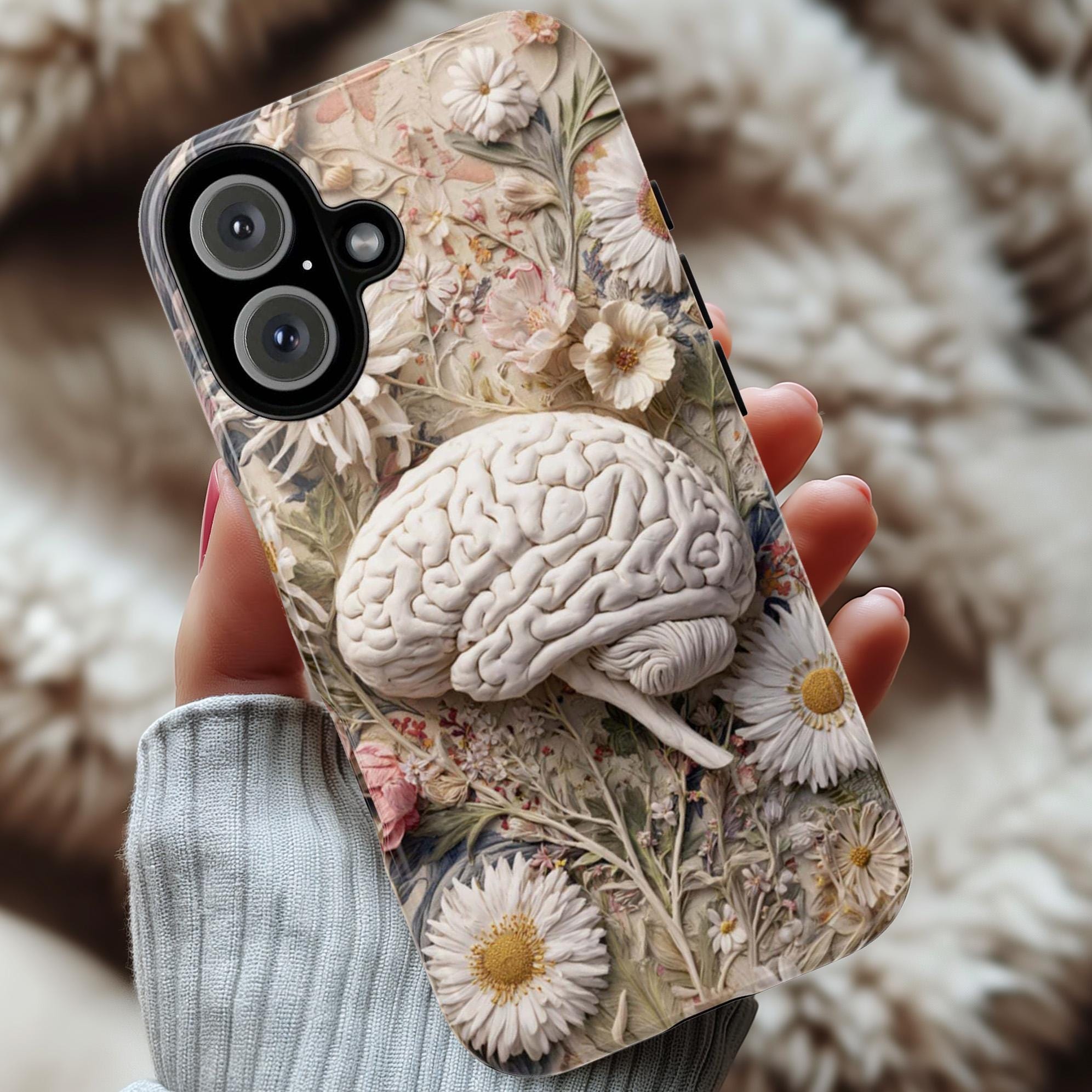 Pastel Anatomical Brain Phone Case with Meadow Florals | Soft Botanical Science Art Case for iPhone 17 16 Tough or Magsafe, Samsung, 430.3