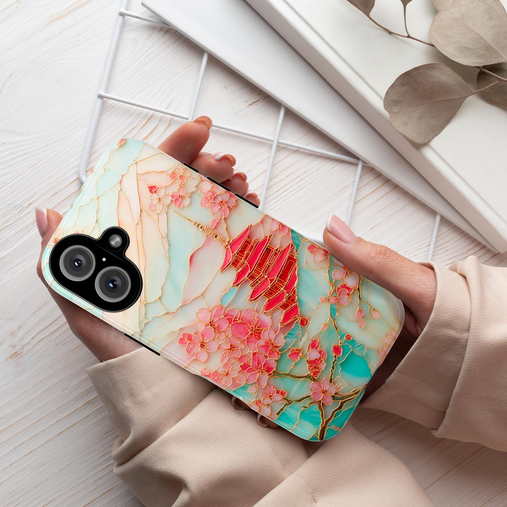 Cherry Blossom Phone Case, Mount Fuji & Pagoda Japanese Sakura Stained Glass Design for iPhone 16 15 Tough or Magsafe, Samsung S25, 469.11