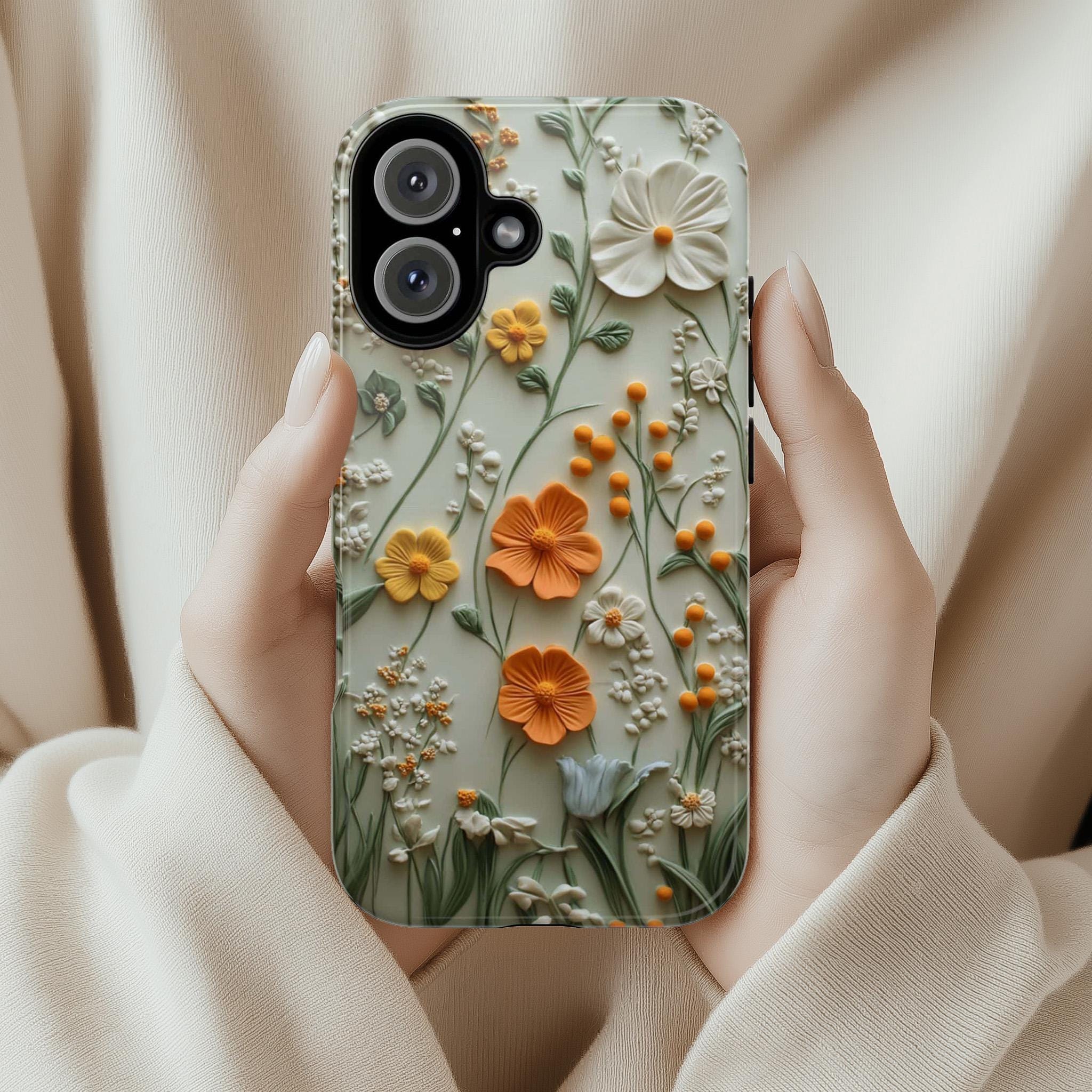 Spring Meadow Floral Phone Case, Elegant Pastel Wildflower 3D Design Phone Cover for iPhone 16 15 14 13 Magsafe Samsung Galaxy S24, 418.10