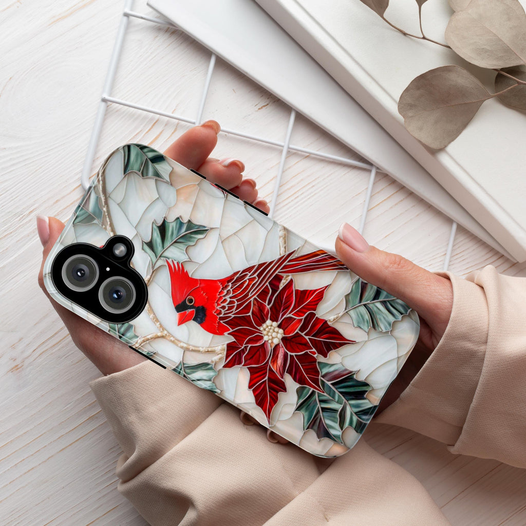 Cardinal & Poinsettia Stained Glass Winter Phone Case,  Red Bird and Floral Design MagSafe for iPhone 16 15 14 13, Samsung S24, 420.8
