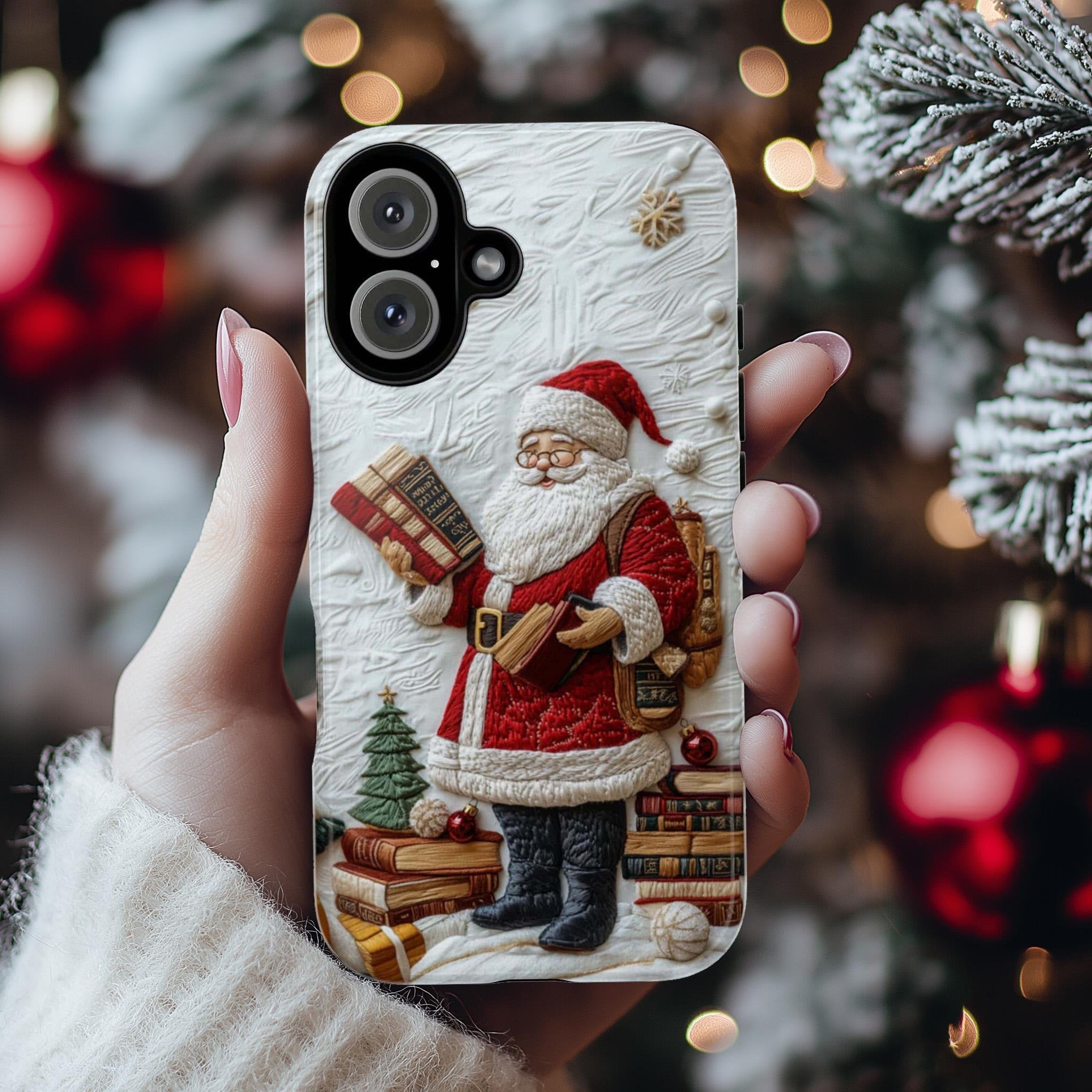 Holiday Santa & Books 3D Embroidered effect Phone Case, Winter Festive Design for iPhone 16 15 14 13 Magsafe Plus, Samsung S24, 444.7
