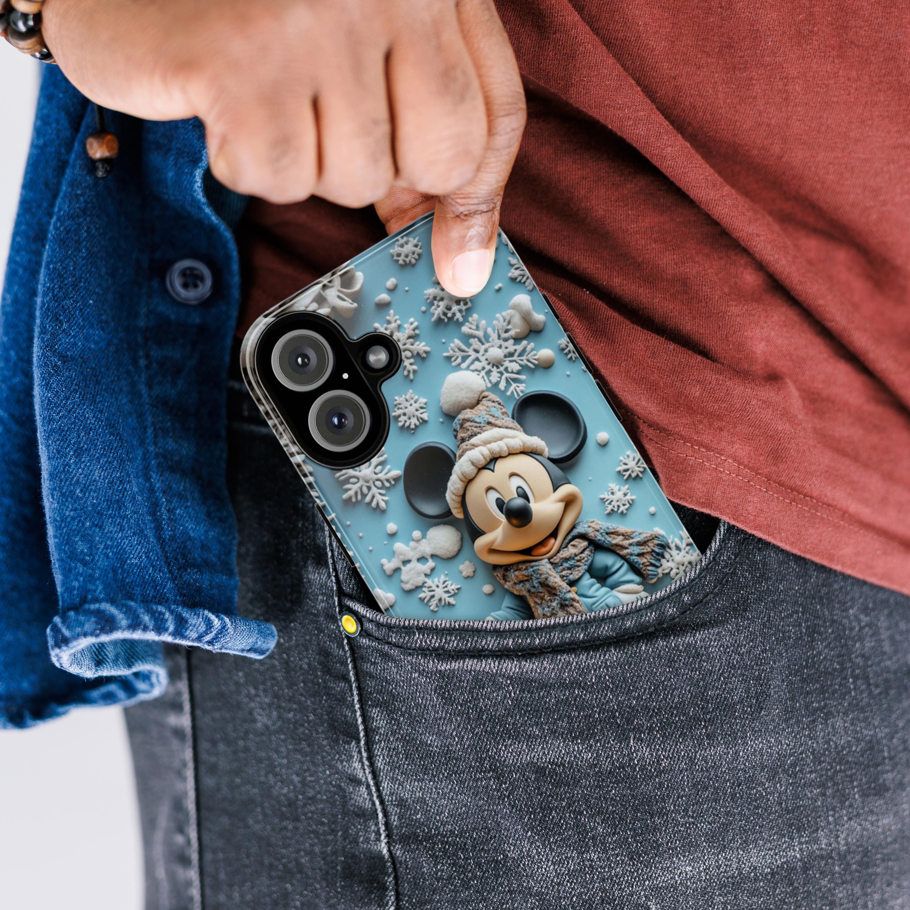 Mickey Mouse 3D effect Phone Case, Cartoon Xmas Design, Blue Mickey Mouse Christmas Phone Case iPhone 16 15 14 Magsafe, Samsung S24, 442.7